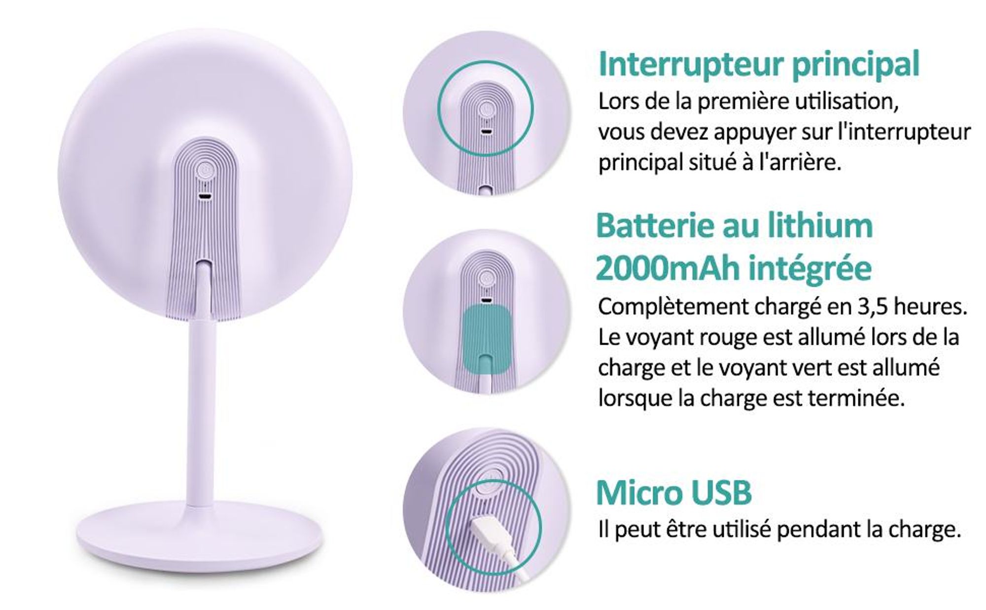 EMKE Miroir cosmétique LED avec 3 couleurs de lumière, grossissement 1/3x, interrupteur tactile et fonction mémoire, loupe pour miroir de salle de bain(Violet)