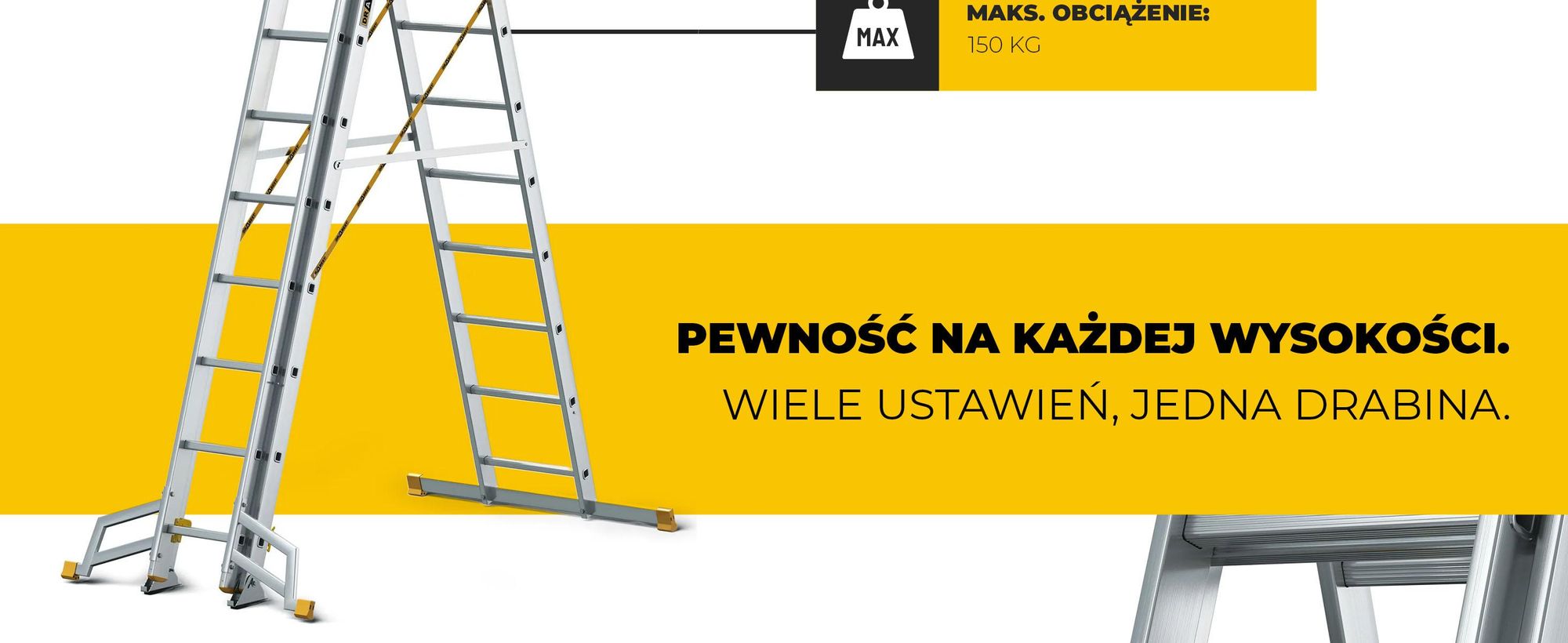 Drabest | Drabina aluminiowa wielofunkcyjna, 3x11, składana 3-segmentowa, wysokość robocza 8,34 m, udźwig 150 kg, EN 131