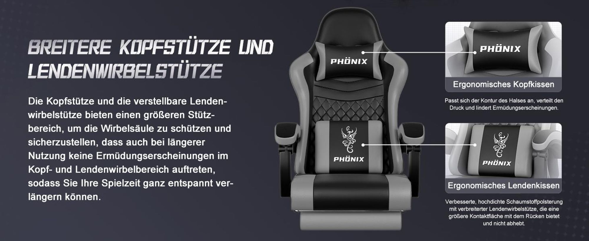 Aiibot Gaming Stuhl, Ergonomischer Gaming Sessel,Schreibtischstuhl,Gamingstuhl mit Fußstütze,Gaming stuhl 150 kg,verstellbare Rückenlehne,Schwarz/Grau