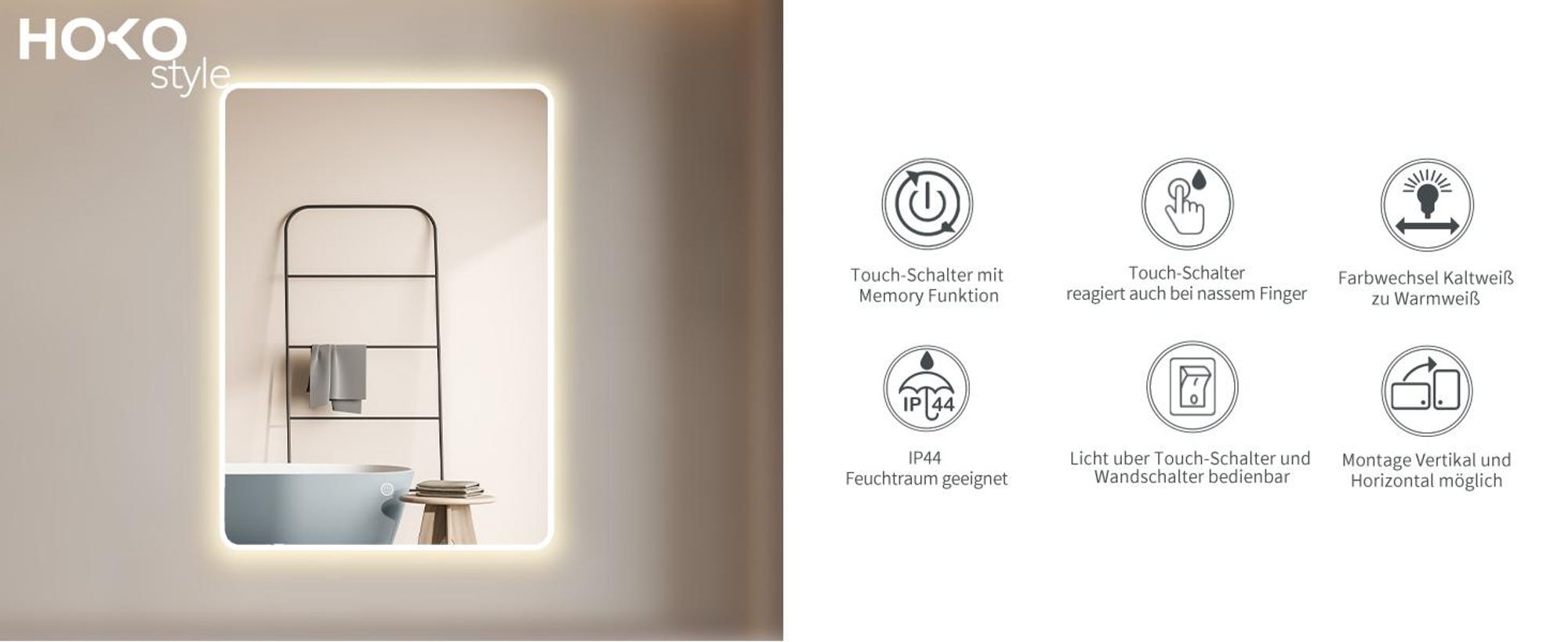 HOKO Badspiegel 70x100cm mit Rahmen+Touch Schalter+Licht Wechsel Warmweiß-Kaltweiß-Neutral Licht mit Touch Schalter und mit Wandschalter einschaltbar