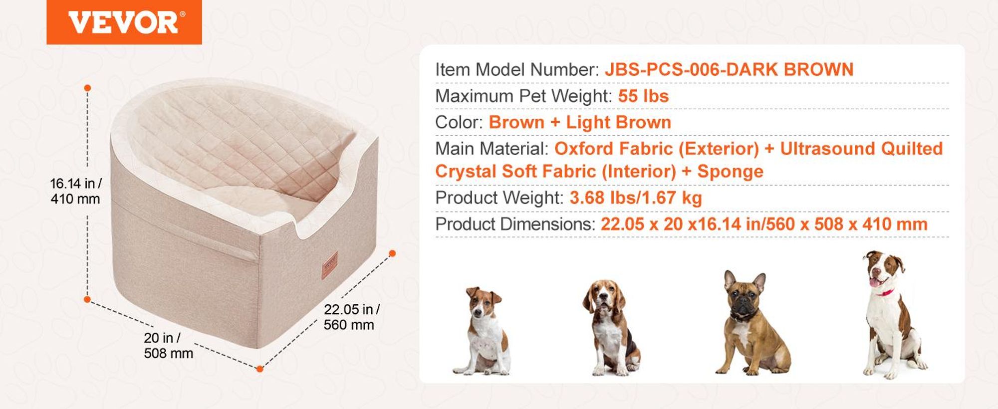 VEVOR Hundesitz fürs Auto, Hundebuster-Sitz für das Auto mit Stützrahmen, Haustierautositz mit Clip-on Sicherheitsleine, Baumwollfüllung, Hundebett fürs Auto für kleine Hunde bis 26 lbs, Grau, Braun + Hellbeige
