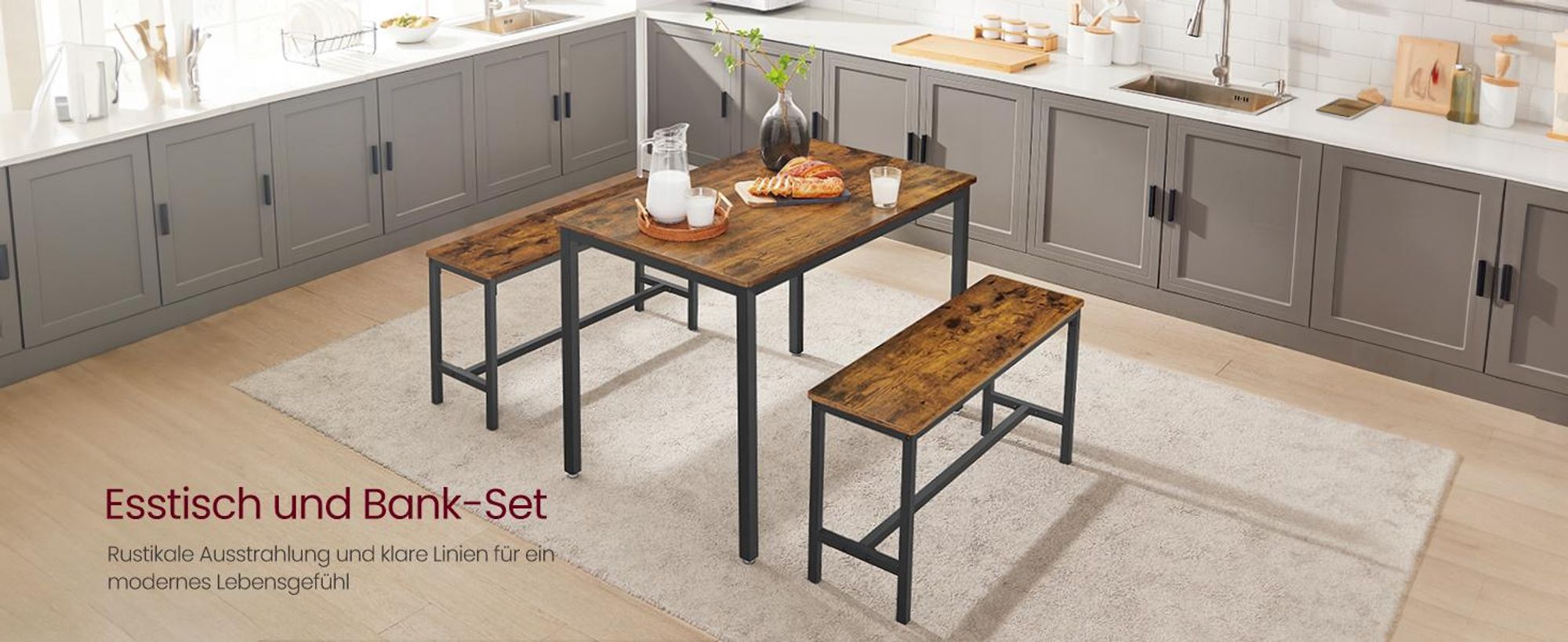 VASAGLE Esstisch, Küchentisch-Set mit 2 Bänken, 3er-Set, 110 x 70 x 75 cm, Vintagebraun-Schwarz