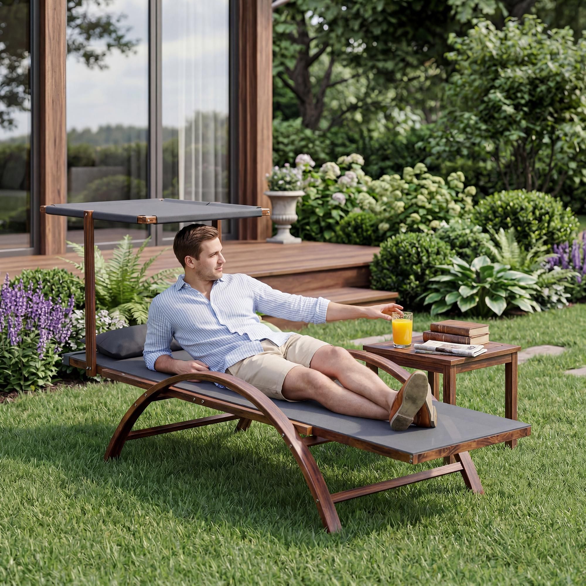 di volio Sonnenliege SPELIO – ergonomische Liege aus Lärchenholz mit Sonnendach und Kissen, wetterfester Liegestuhl für Garten (Grau)