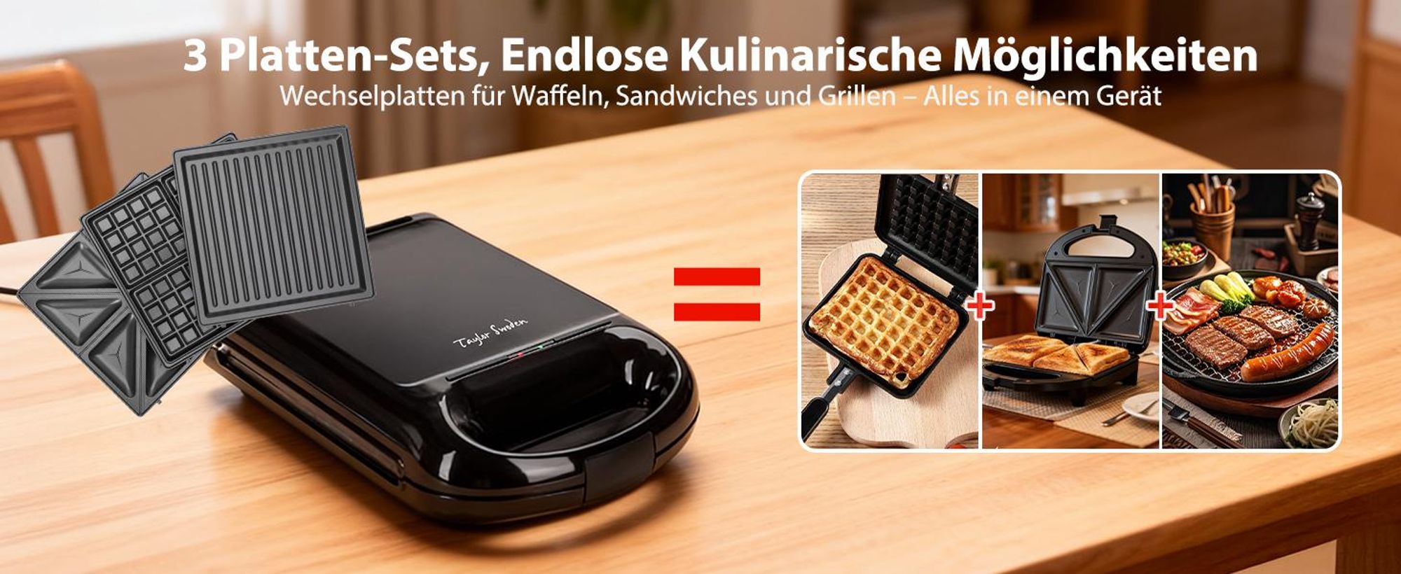 Taylor Swoden 3-in-1-Sandwichmaker, Waffeleisen Backblech für 4 Sandwiches, 180° Wendung, BPA-frei 1200W Schnelles Garen, Einfache Verwendung