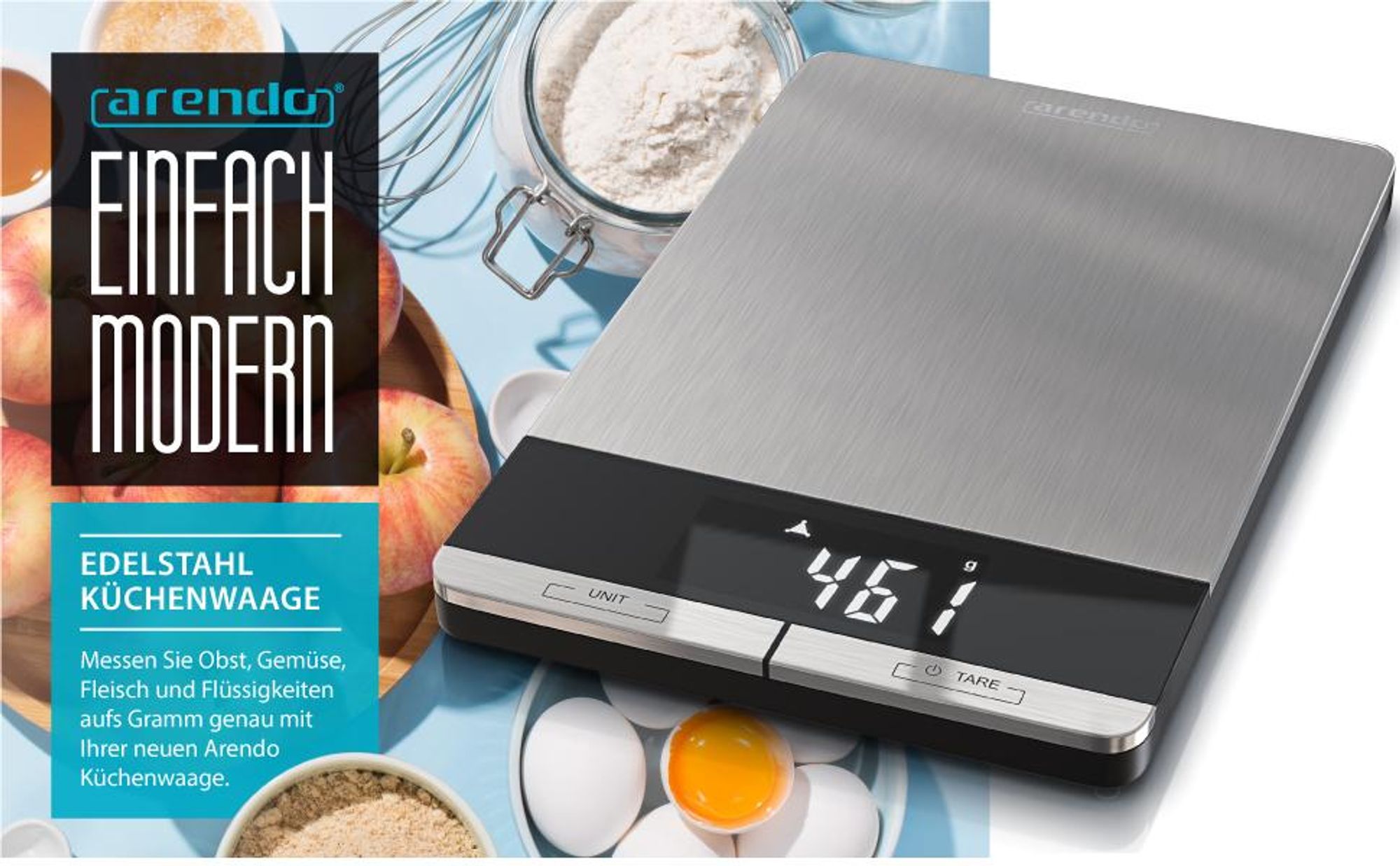 Arendo Edelstahl Küchenwaage bis 5 kg, Grammgenaues Wiegen von Obst, Gemüse und Flüssigkeiten