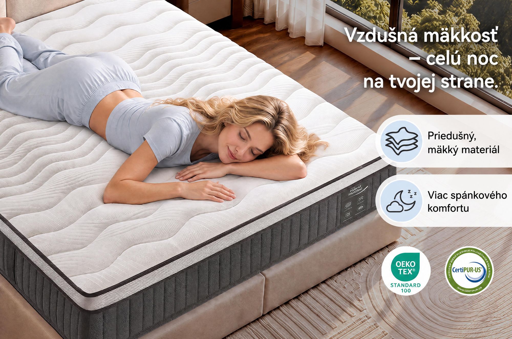 Matrac rozmery 180x200 cm, výška 22 cm. Integrovaná vrchná vrstva. Matrac s 7 zónami a pružinami v poťahu. Pevnosť H3/H4
