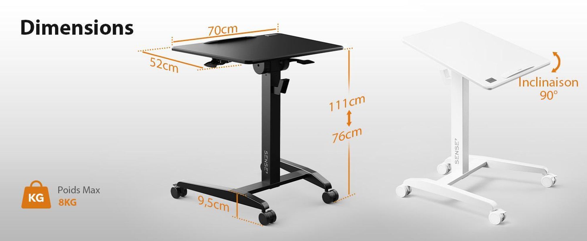 SENSE7 Bureau à roulettes Bureau mobile - Plateau inclinable Réglable en hauteur Grande surface de travail Style minimaliste moderne 70 x 52 cm Noir