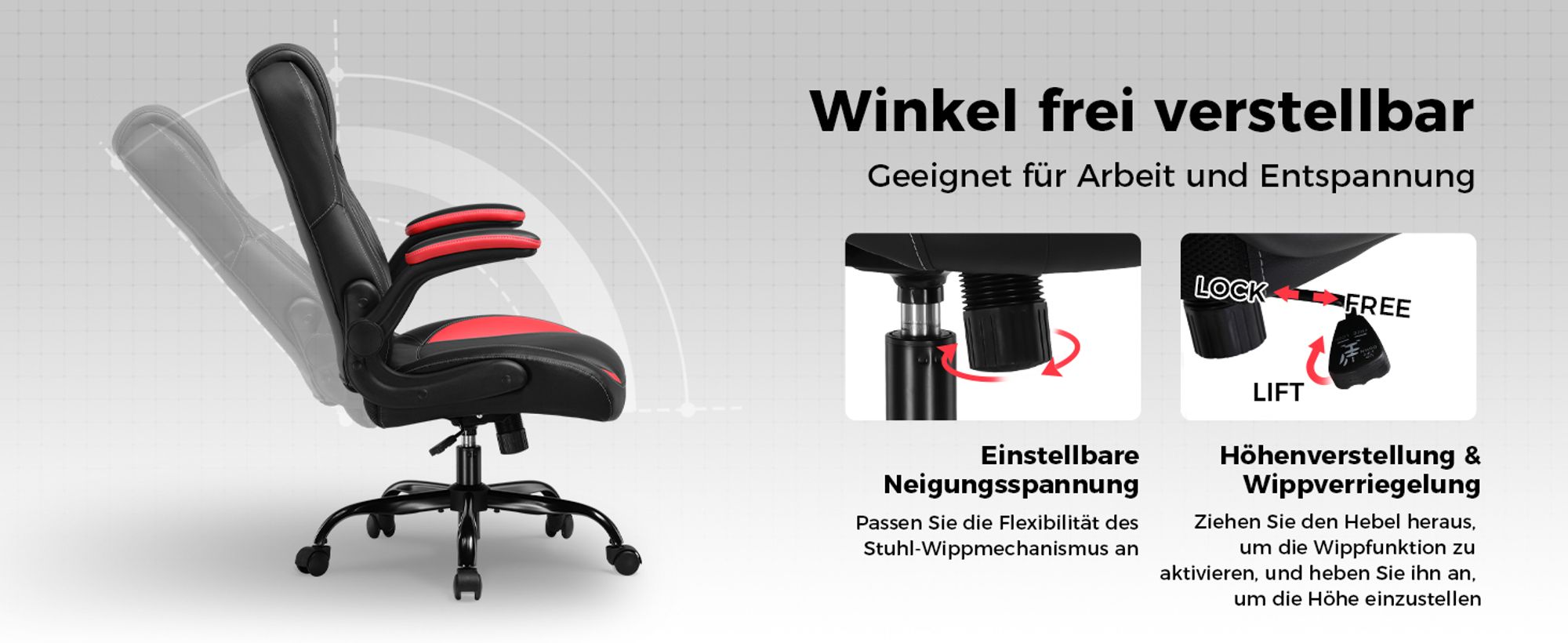 GTPLAYER Gaming Stuhl mit hochklappbarer Armlehne, Gamer Stuhl mit Schaukelfunktion, Ergonomischer Computer Gaming Stuhl mit hochdichtem Schwamm rot