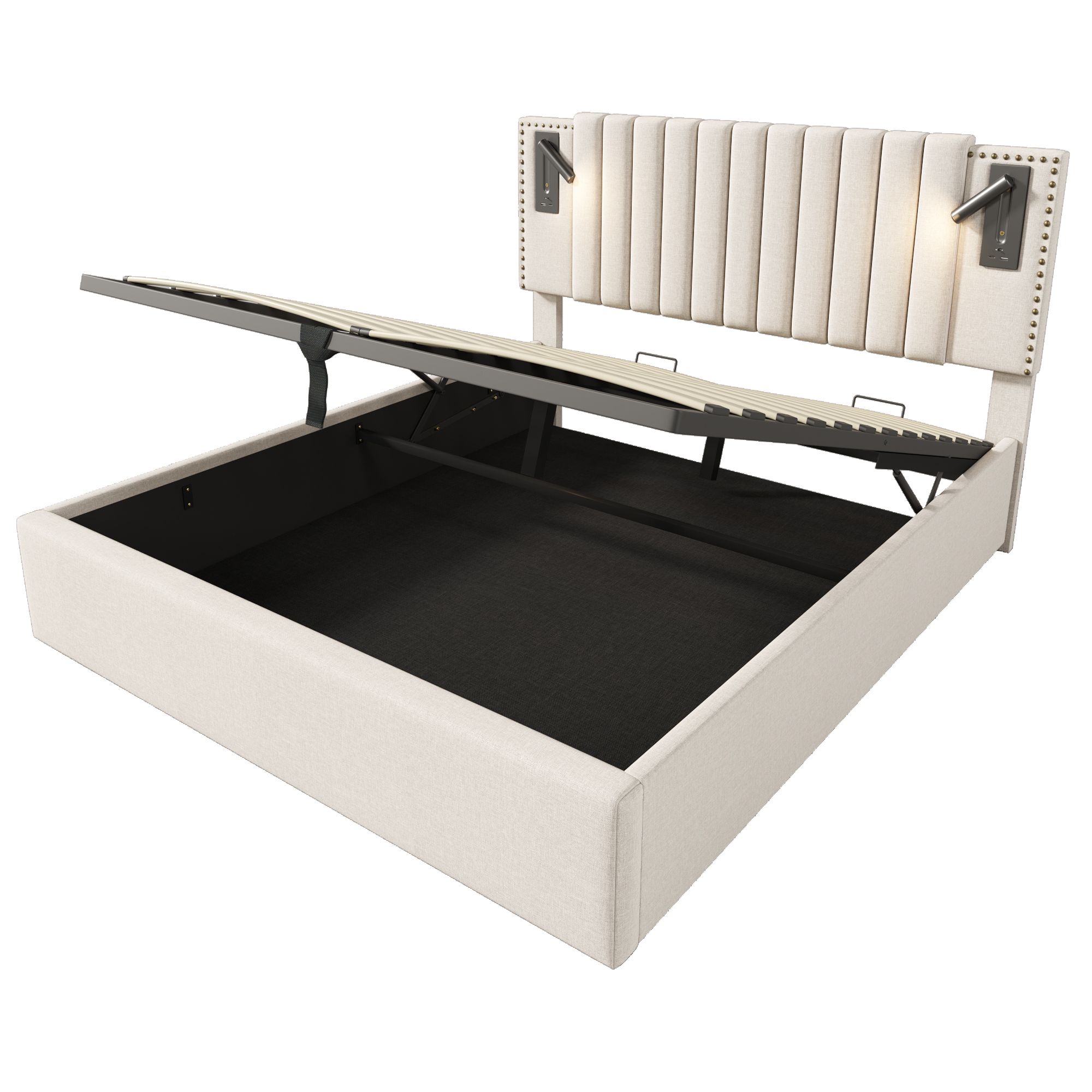Flieks Polsterbett 160x200cm mit Leselampe, Doppelbett Stauraumbett Boxspringbett mit Ladefunktion (USB, Typ-C), Jugendbett mit Lattenrost, Baumwolle