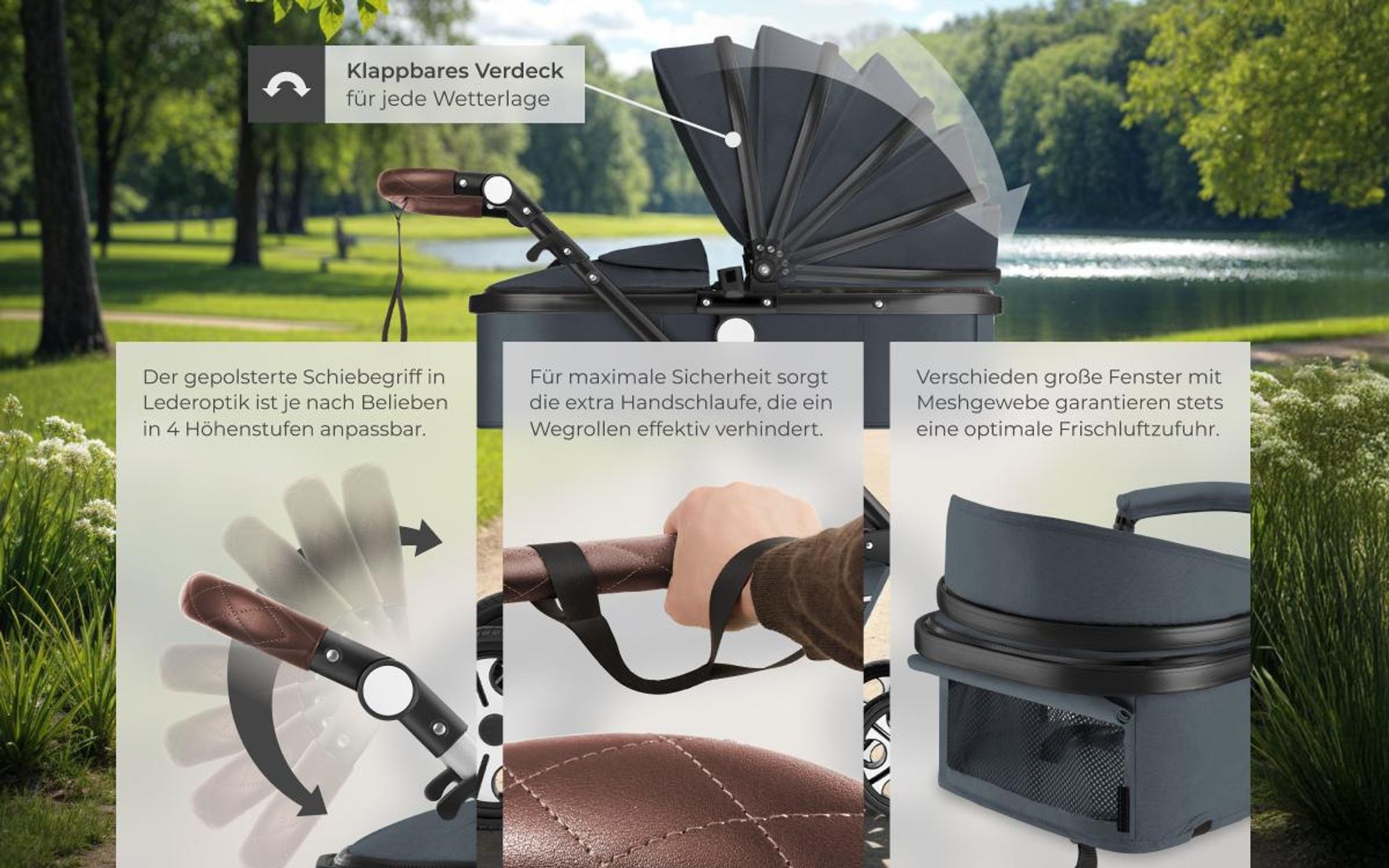 tectake® Kombi-Kinderwagen Mats 2 in 1, klappbar, mit 5-Punkt-Gurt, Bremse, Schutzbügel und Handschlaufe für 0 bis 36 Monate geeignet, Belastbarkeit 15 kg