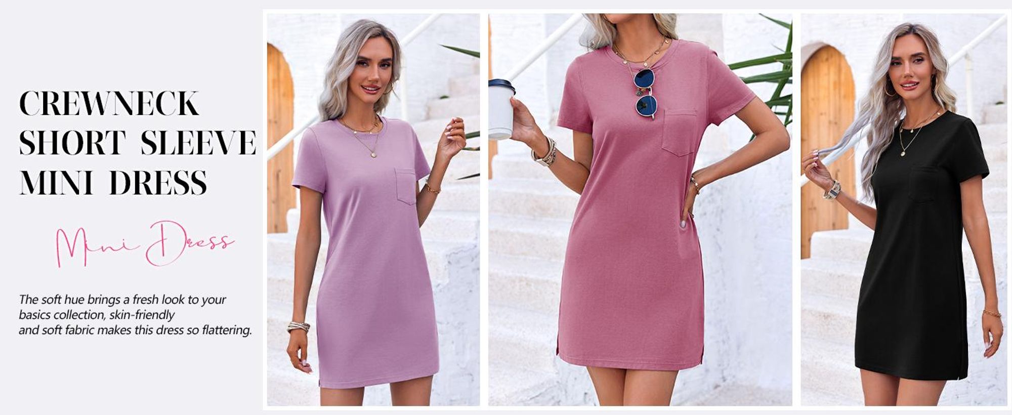 Minikleid für Damen, Rundhalsausschnitt, kurze Ärmel, einfarbig, mit Taschen