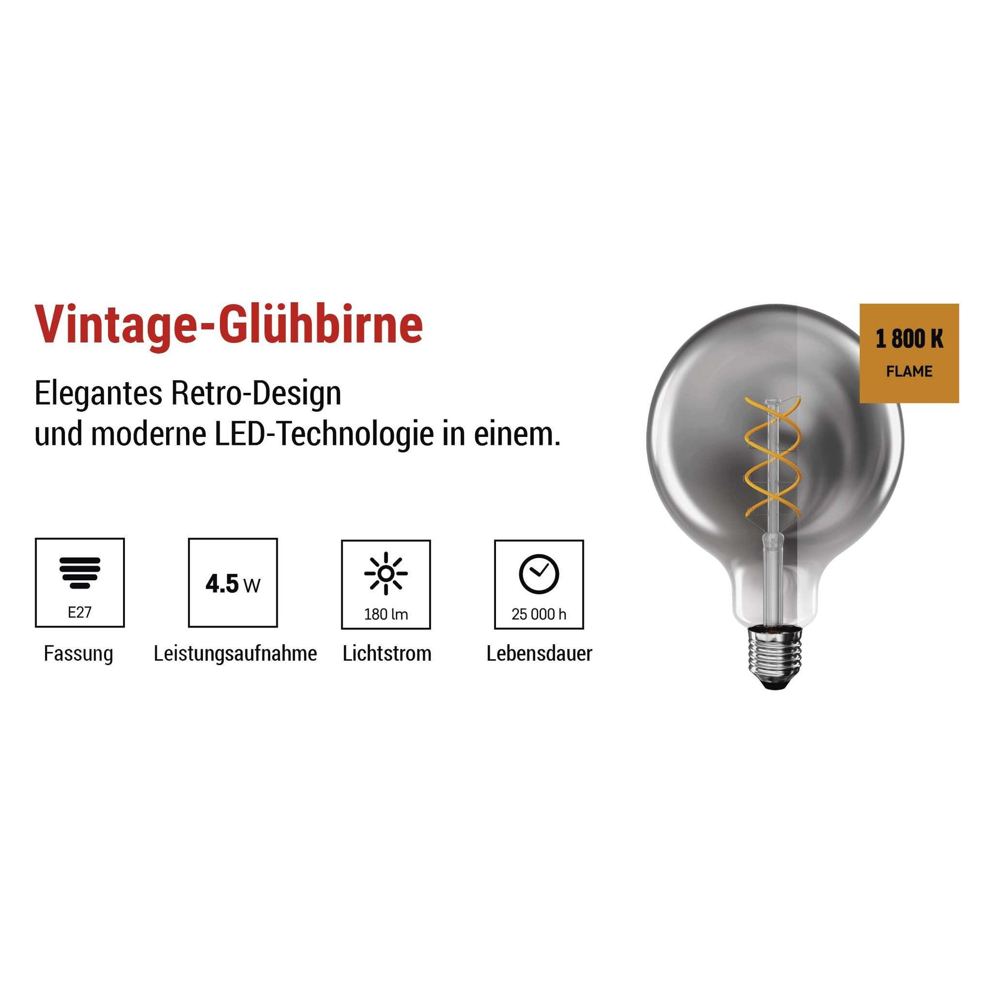 EMOS Edison LED-Lampe DECO SMOKED, 4,5W Ersatz für 19W Glühbirne, E27 Sockel, Globe G125 Form, Helligkeit 180lm, Warmweiß 1800K, Rauch-Farbe, Z58311