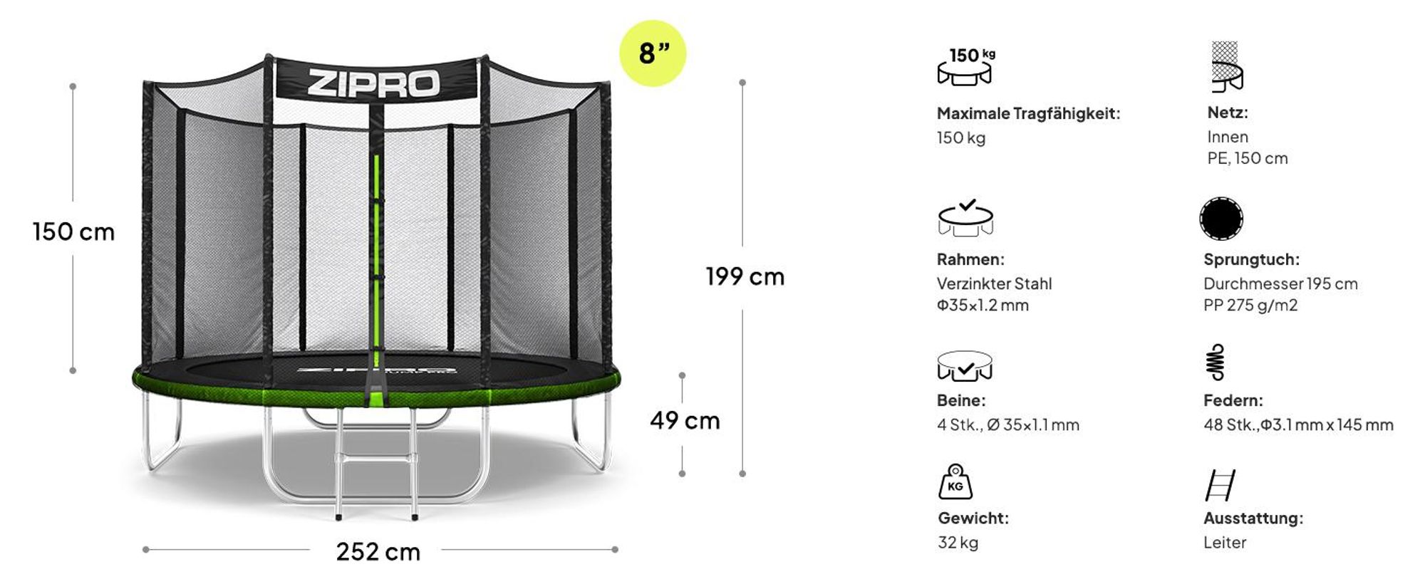 ZIPRO Trampolin Jump Pro Out | 8FT Ø 252 cm | Gartentrampolin Kindertrampolin Komplett-Set inkl. Außennetz, Leiter & Randabdeckung, Outdoor, Grün