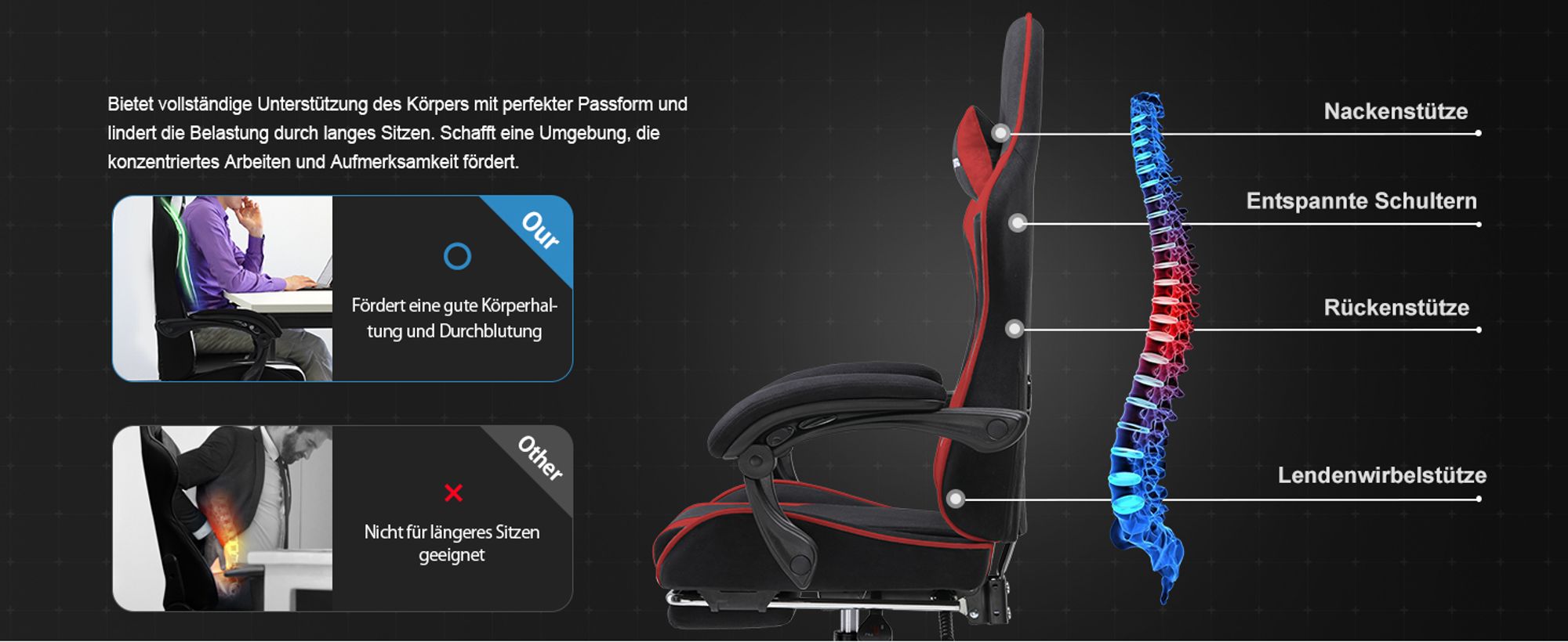 GTPLAYER Bürostuhl Gaming Stuhl Stoff Gaming Sessel Ergonomischer Gamer Stuhl mit Fußstütze, Kopfstütze Lendenkissen, Gepolstert Gaming Chair, ROT