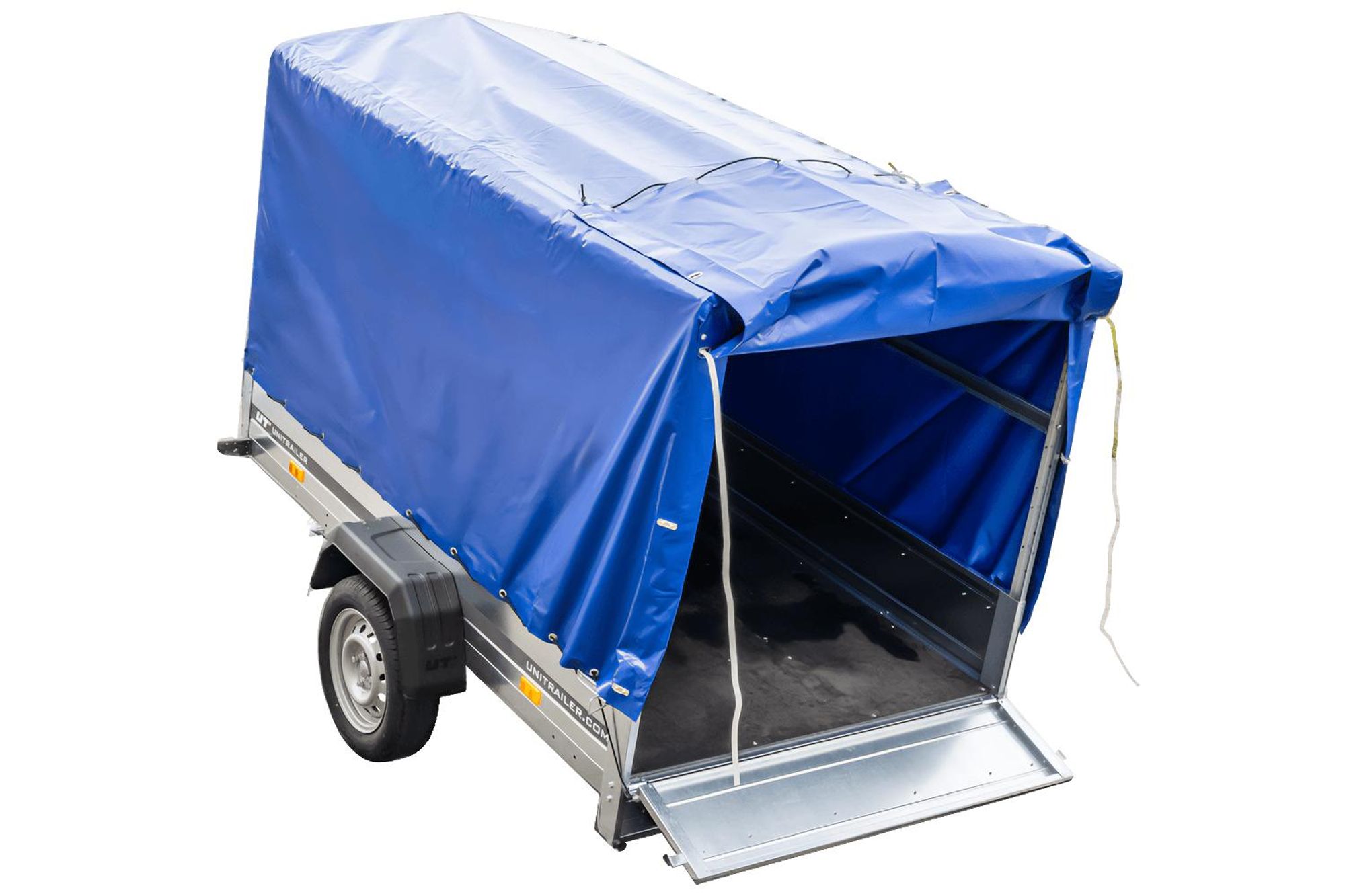 Przyczepka samochodowa 230x125 UNITRAILER GARDEN 230 KIPP ze stelażem H-1100 i pokrowcem niebieskim