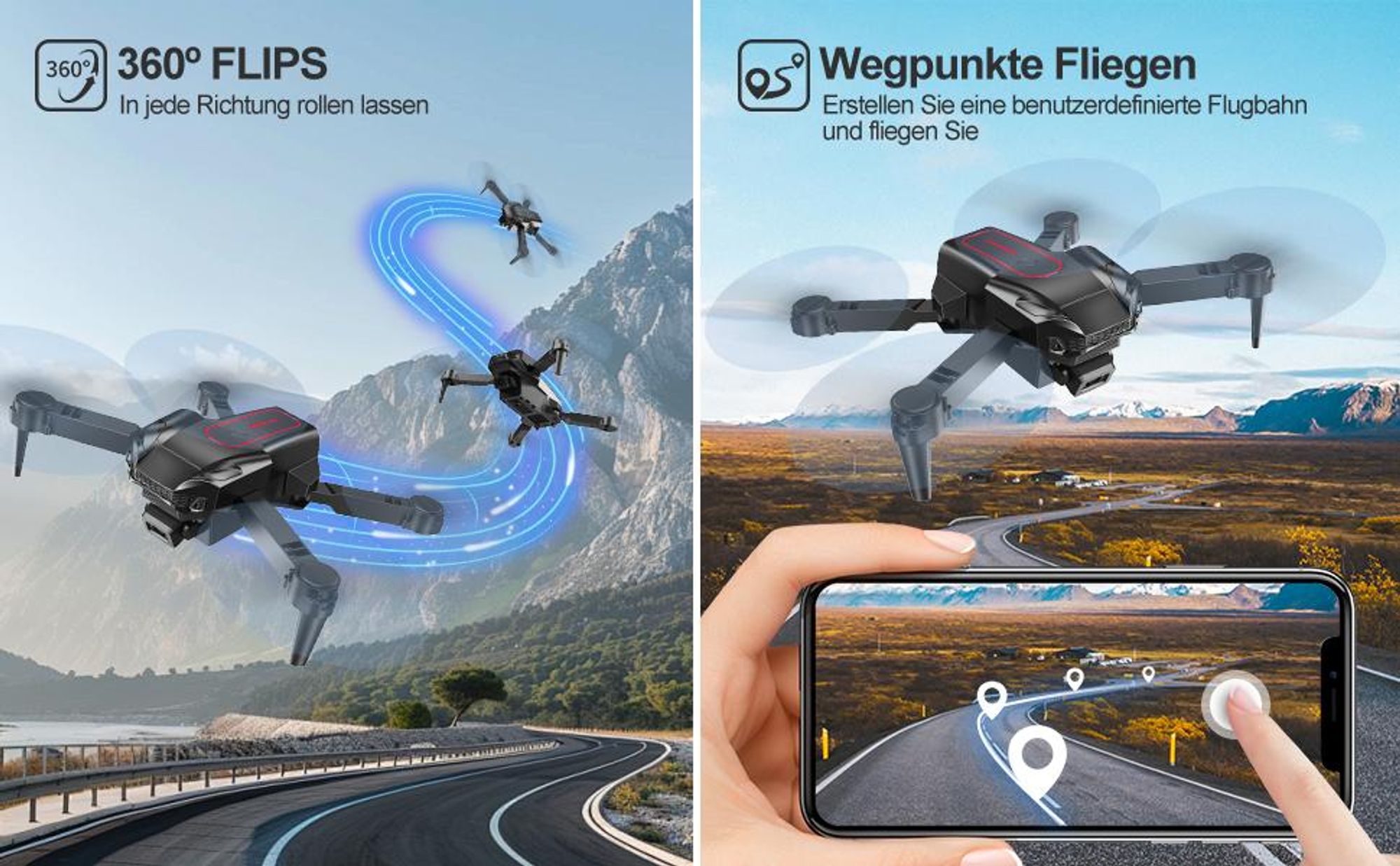 Drohne mit Kamera, RC FPV Drohne, 1080P 4K HD Kameradrohne, Quadrocopter, mit 3 Akku Lange Flugzeit, ModusAbflug/Landung, 3D-Flips, App-Steuerung