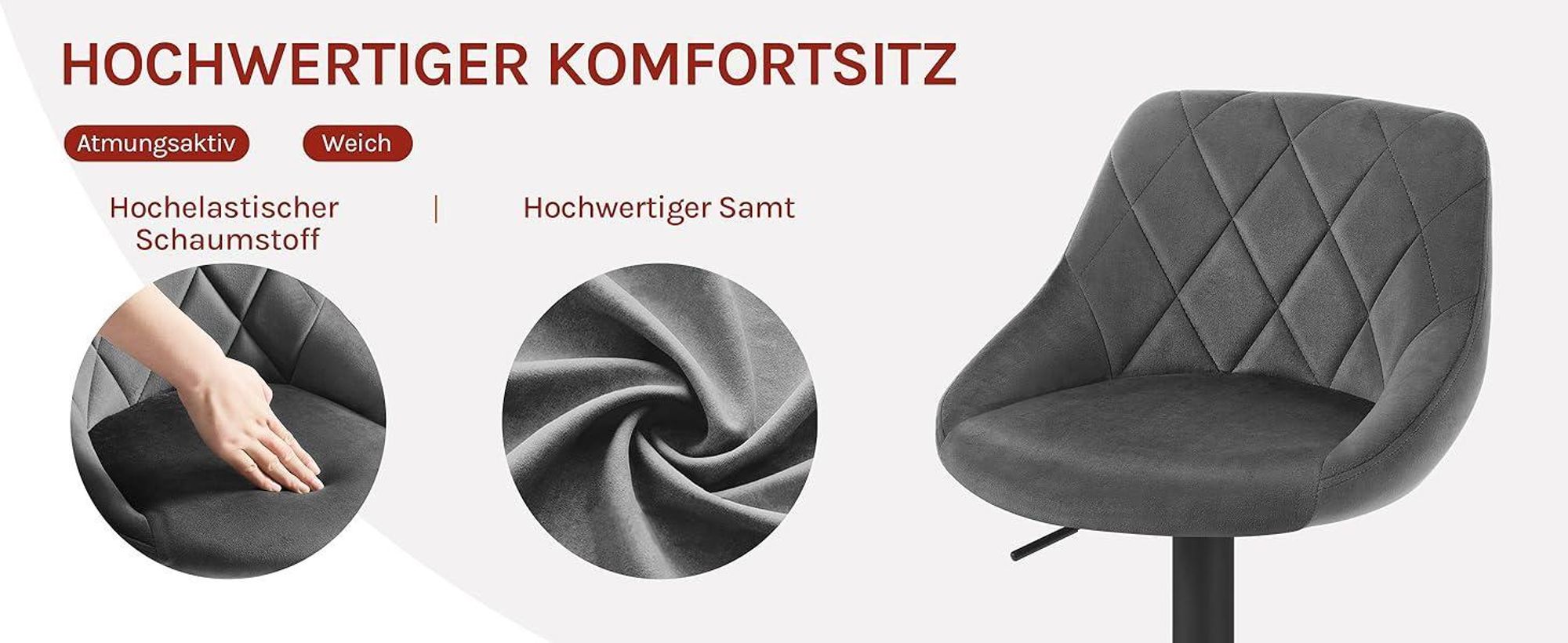WOLTU Barhocker Barstuhl, Gute gepolsterte Sitzfläche aus Samt, Höhenverstellbar, 360° Drehbar, Dunkelgrau