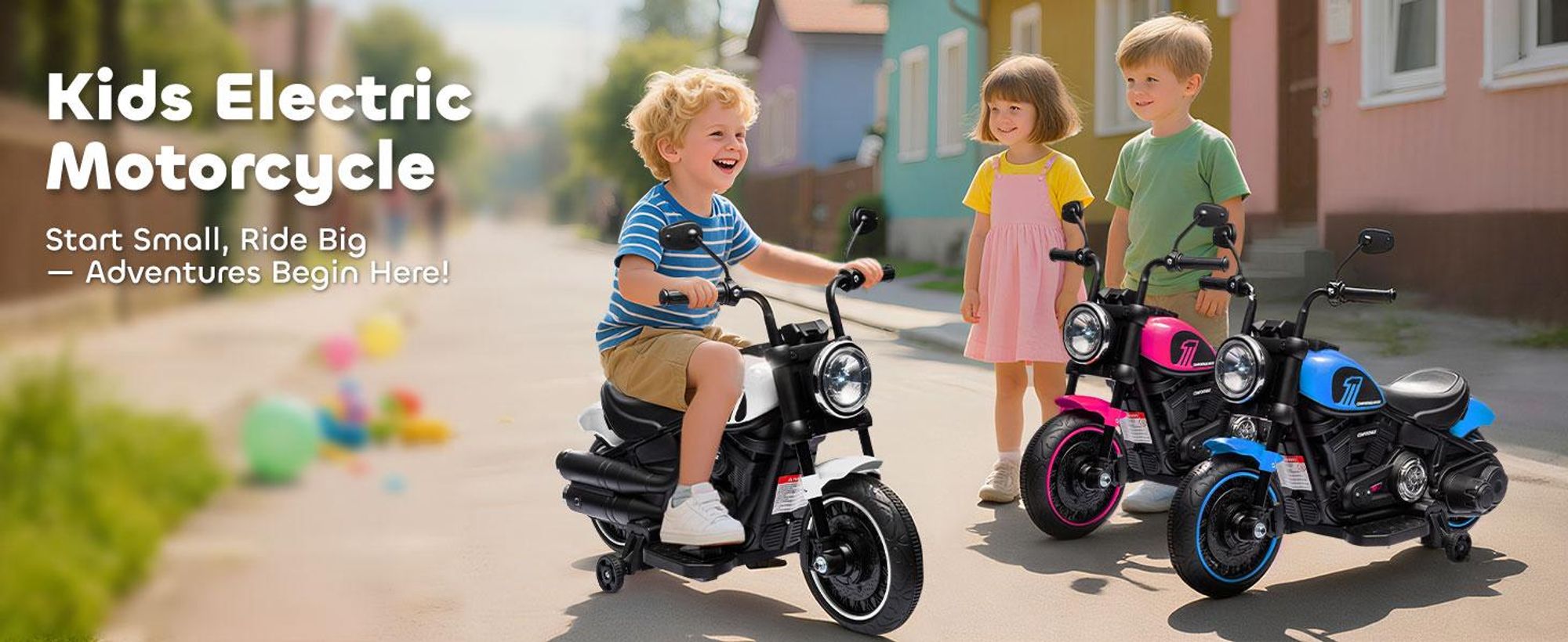 HOMCOM Elektryczny motocykl dziecięcy Elektryczny motocykl z reflektorem, elektryczny motocykl dziecięcy 3 km/h z 2 kółkami bocznymi dla dzieci w wieku 1,5-3 lat, biały