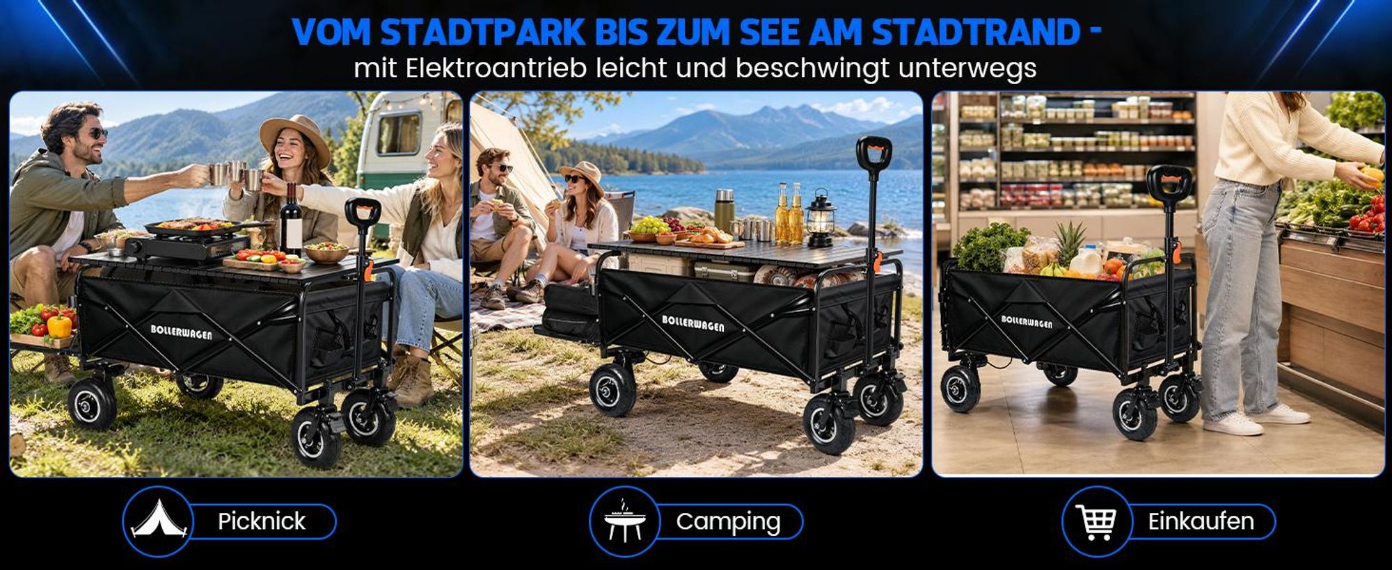 Luftreifen Elektrokarre mit Campingtisch, Bollerwagen mit 2×2,0AH Akku & 2×50W Motor, 240L 120KG Faltbar Transportwagen Strandwagen für Makita Akku