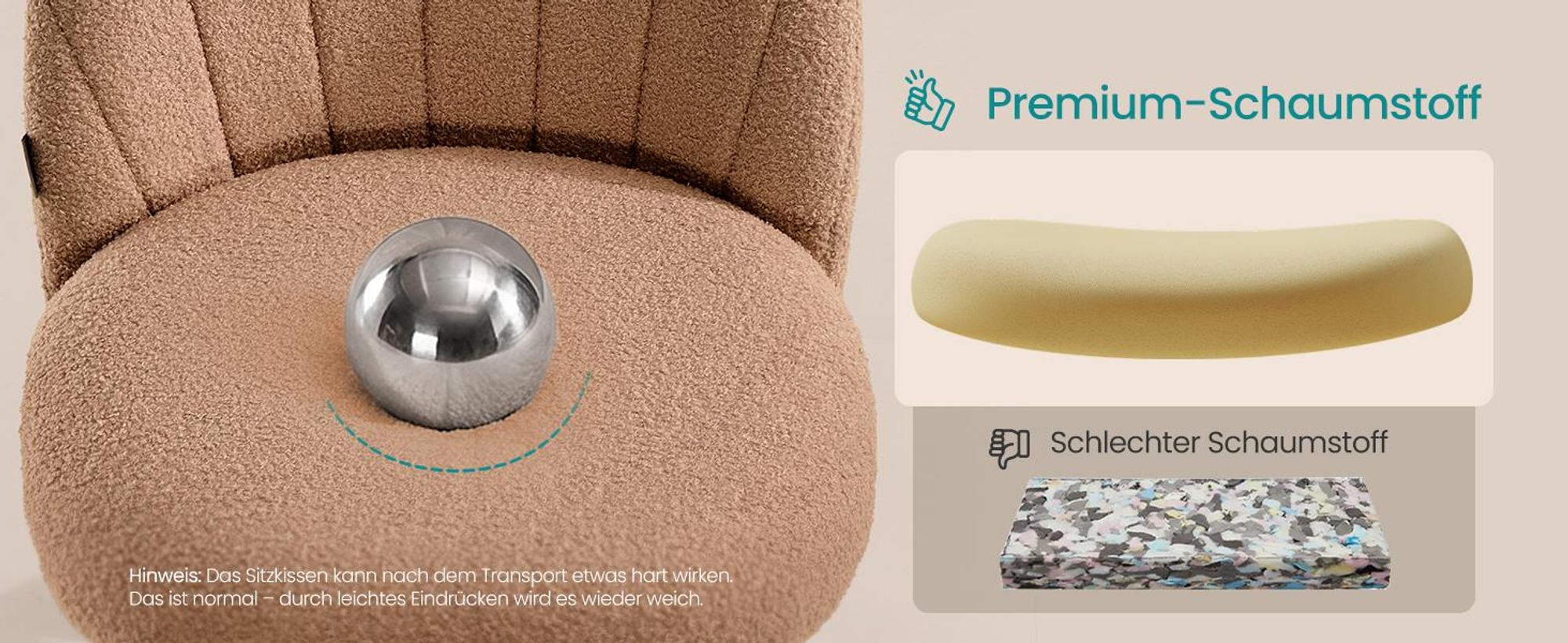 SONGMICS Schminkstuhl, Bürostuhl, Teddy-Fleece-Oberfläche, höhenverstellbar, kompaktes Design, karamellbraun