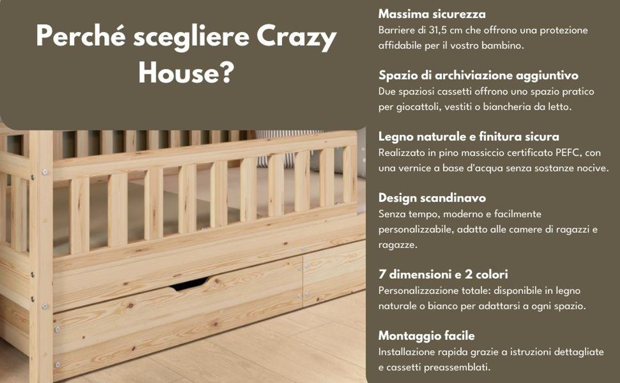 Crazy Pine Letto a Casetta con Cassetti 100x200 cm – Letto da Pavimento in Legno Naturale per Bambini – Contenitore e Barriera Rimovibile – Crazy House