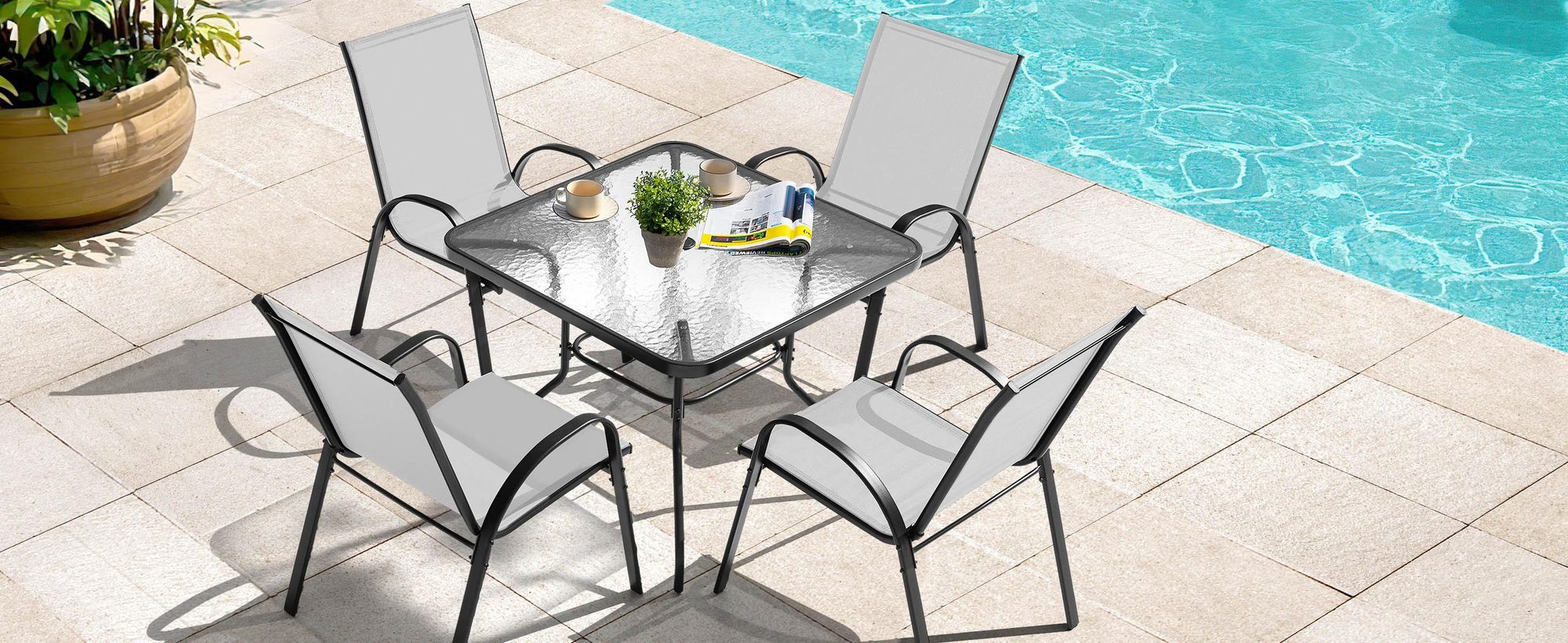 5-teiliges Outdoor Esssets, Gartentisch und 4 stapelbare Gartenstühle