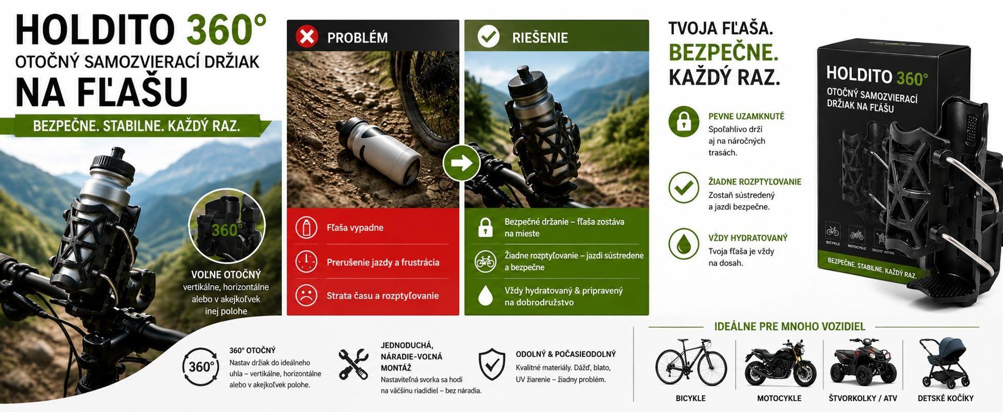 Držiak na fľašu na bicykel otočný o 360 stupňov s upínacou svorkou na riadidlá, držiak na fľašu na motocykel – HOLDITO