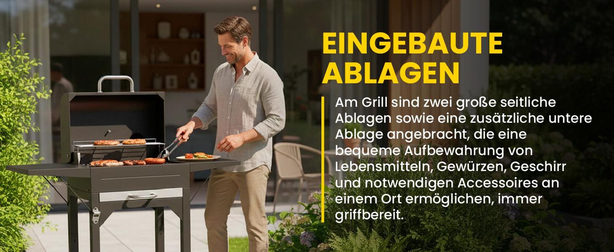 Holzkohlgrill Grillwagern mit Deckel, Kamin und Thermometer