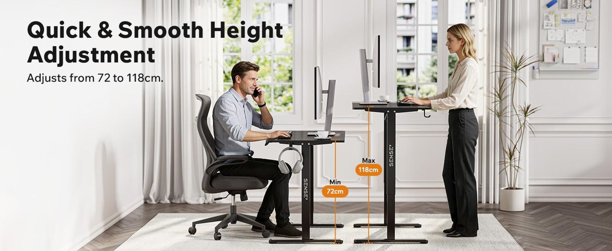 SENSE7 NOJO Light – elektricky výškově nastavitelný podstavec k psacímu stolu | 72–118 cm, paměťová funkce, držák na sluchátka, max. nosnost 70 kg, ocelový podstavec