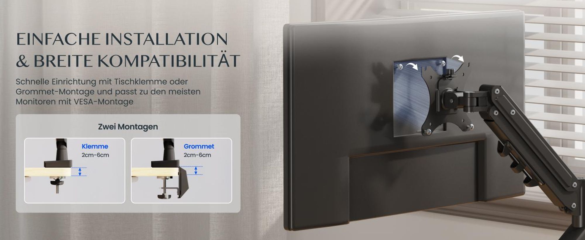 FLEXISPOT MA1 Monitorhalterung 17–32 Zoll, Gasdruckfeder Monitorarm für 1 Monitor, höhenverstellbar & schwenkbar, VESA 75x75/100x100