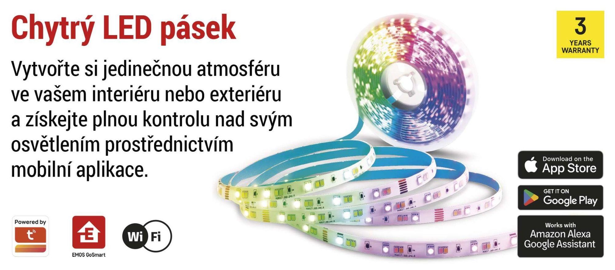 EMOS Smart LED Strip RGB/CCT 2 m, LED pásek s dálkovým ovládáním a aplikací, 16 mil. barev, synchronizace s hudbou, vč. 1,5 m kabelu a adaptéru