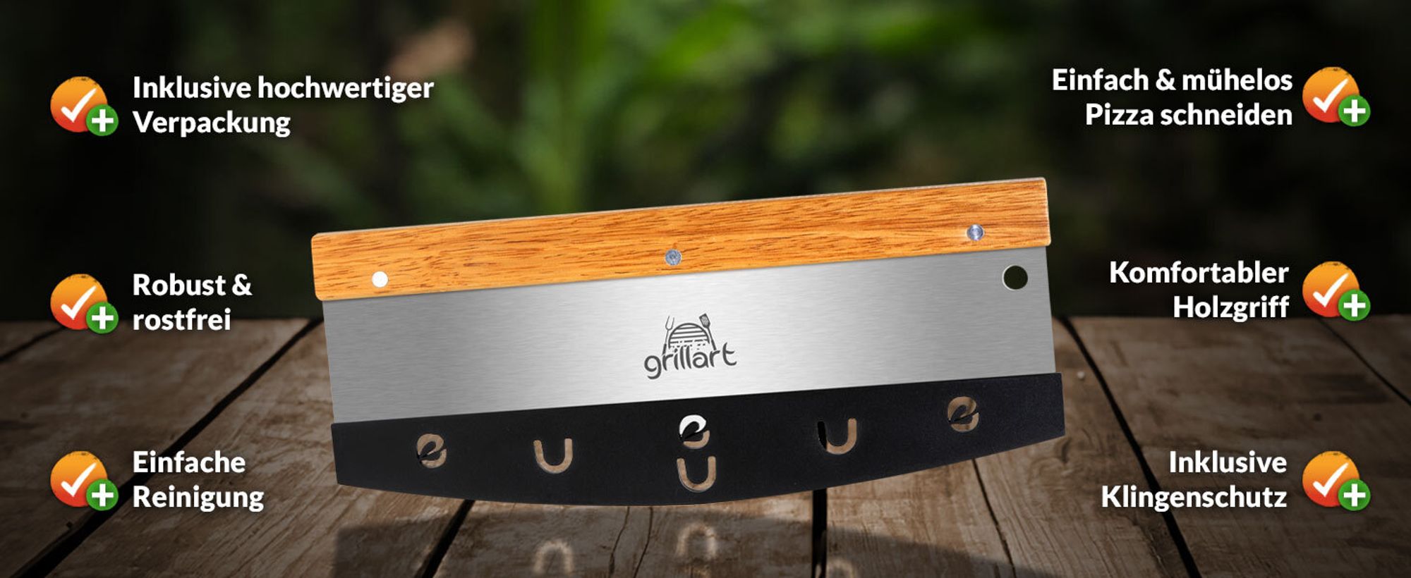 grillart® Premium Pizzamesser – Extra scharfer Edelstahl Pizzaschneider mit Holzgriff