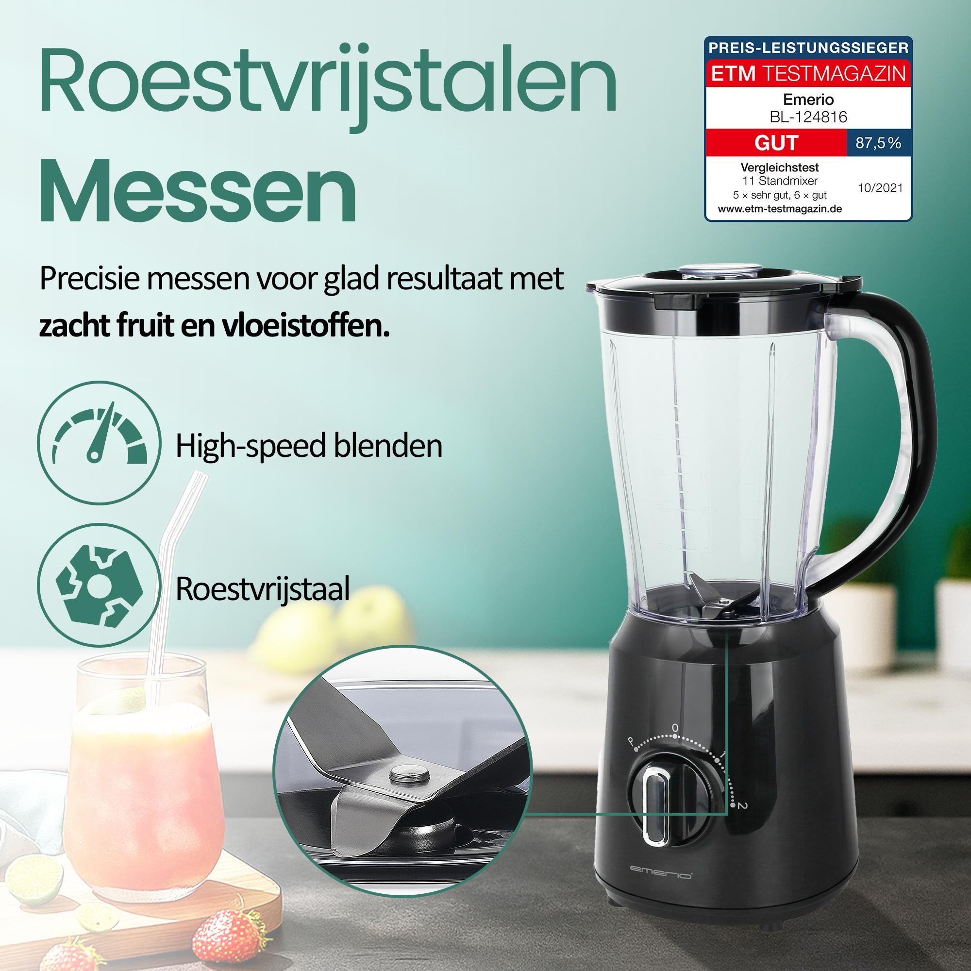 Emerio Blender BL-124816.8 – 1,5 L – 500 W – 2 Snelheden – RVS Messen – Zwart