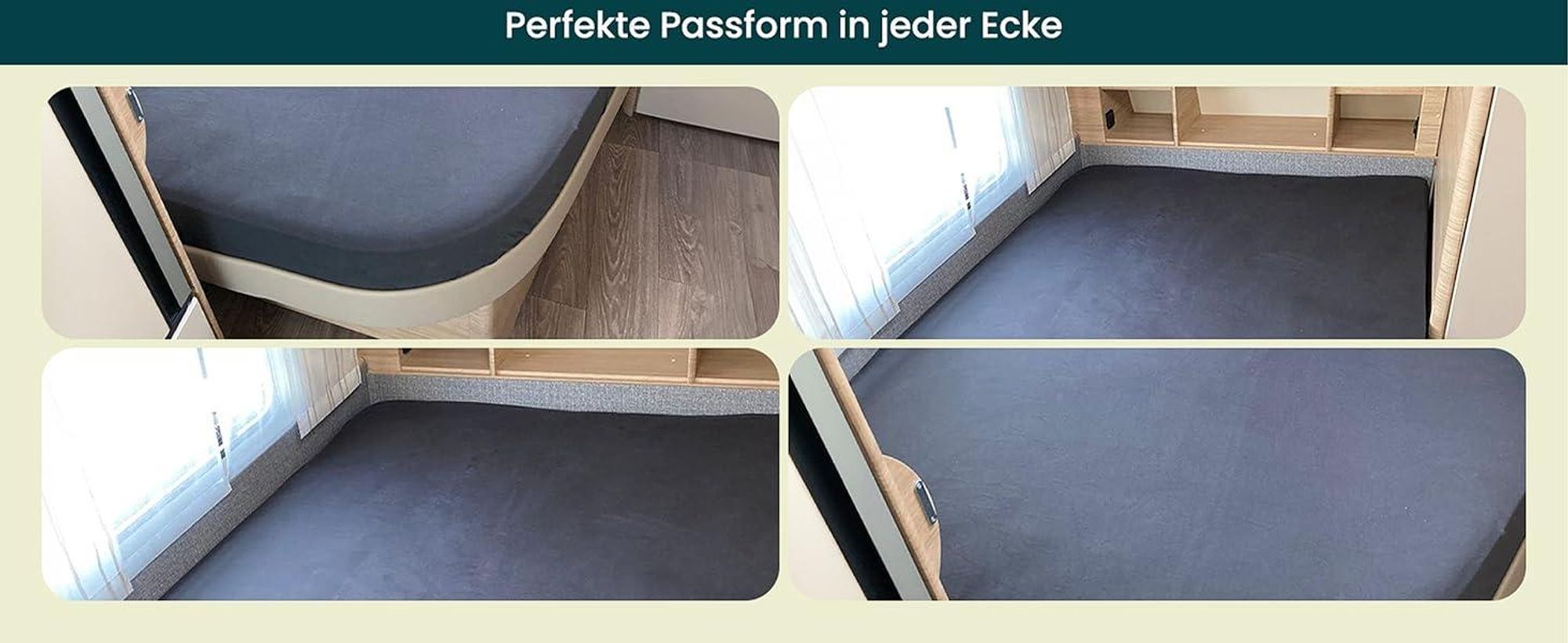 Praktische Fotos, die das Spannbettlaken auf einer Queen-Size-Wohnmobilmatratze zeigen.