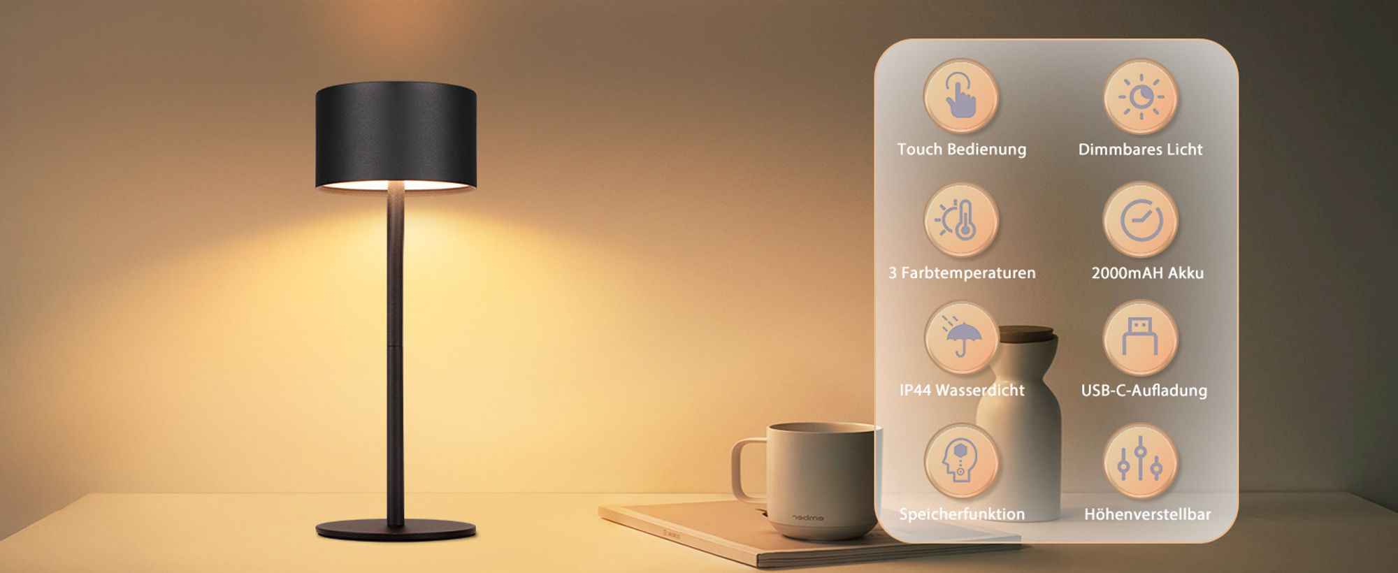 ZMH 2ER LED nachttischlampe Schwarz Tischlampe Touch Dimmbar Akku Tischleuchte Kabellos mit 3 Farbtemperaturen Höhenverstellbar USB Aufladbar