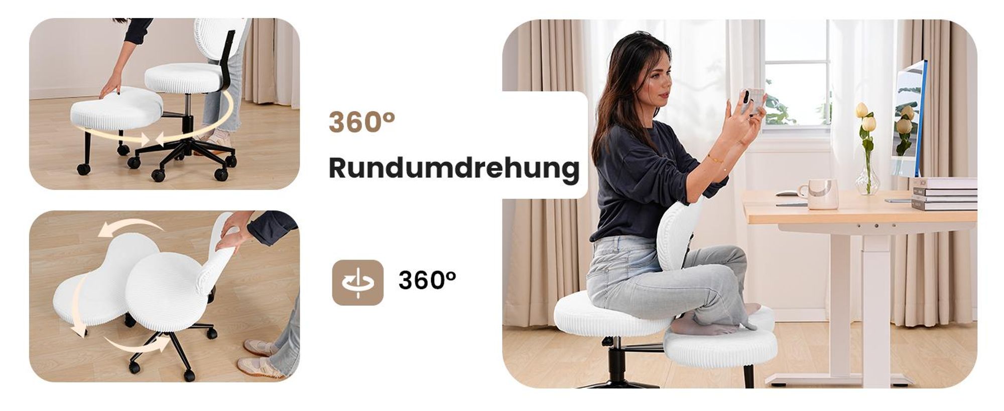 Bürostuhl für Schneidersitz, Ergonomischer Cross-Leg-Stuhl, 360° drehbar, höhenverstellbar, mit Rückenlehne, Weiß, Cord stoff Weiß