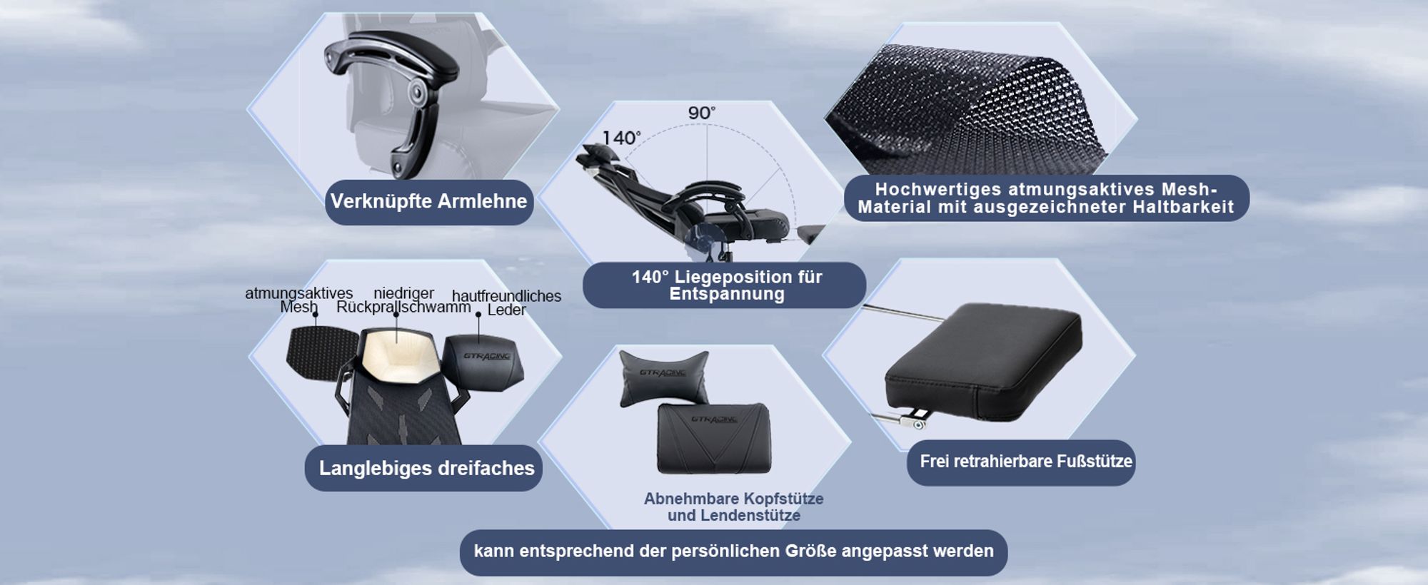 GTPLAYER Ergonomischer Bürostuhl Schreibtischstuhl Gamingstuhl Drehstuhl Verstellbarer Lordosenstütze Kopfstütze Rückenschonend Chefsessel mit Verbindungsarmlehnen Stummrädern schwarz