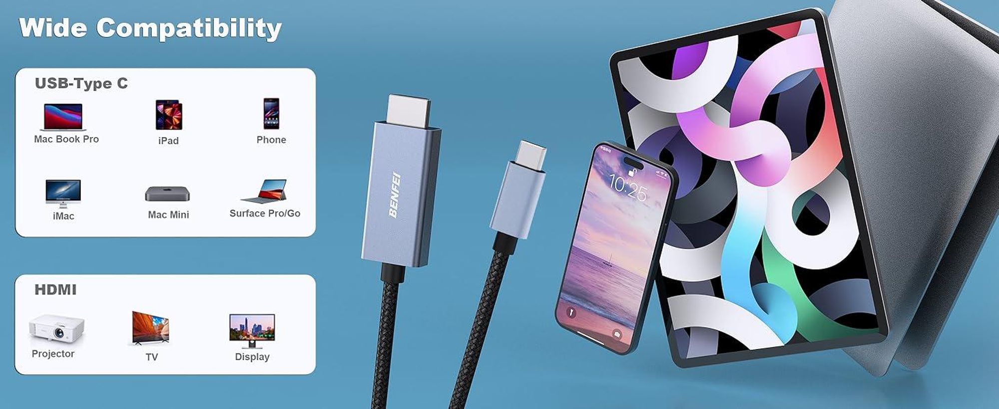 BENFEI HDMI-Kabel USB C auf HDMI Kabel 1.8m 4K 60Hz Aluminium Gehäuse