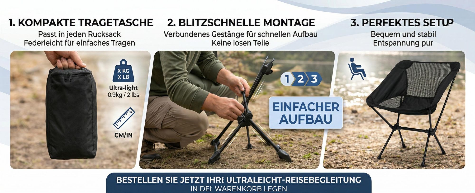 55×62×30 cm faltbarer Campingstuhl, Ultraleichter Outdoor Klappstuhl, Strandstuhl mit Tragetasche - PACKSEAT