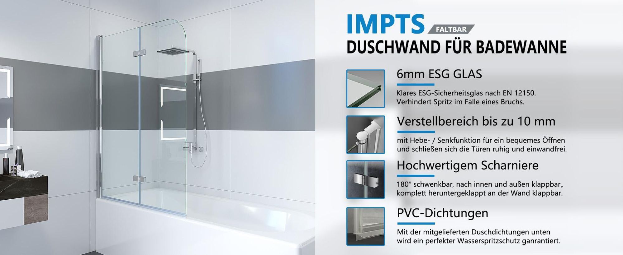 IMPTS Duschwand für Badewanne 120x140cm, Faltbar Duschwand 2-teilig Badewannenaufsatz Faltwand Duschtrennwand Duschabtrennung mit 6mm ESG-Glas