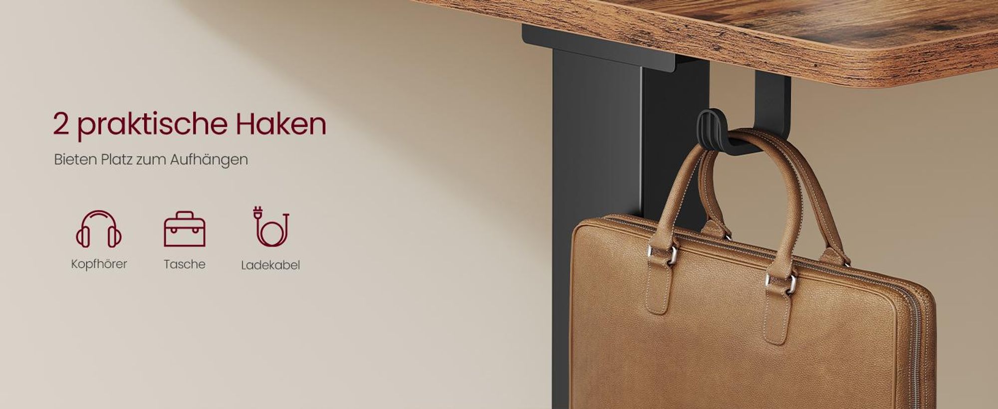 VASAGLE Höhenverstellbarer Schreibtisch elektrisch, 120 cm, stufenlos verstellbar, mit Steckdosenleiste, Haken, Memory-Funktion