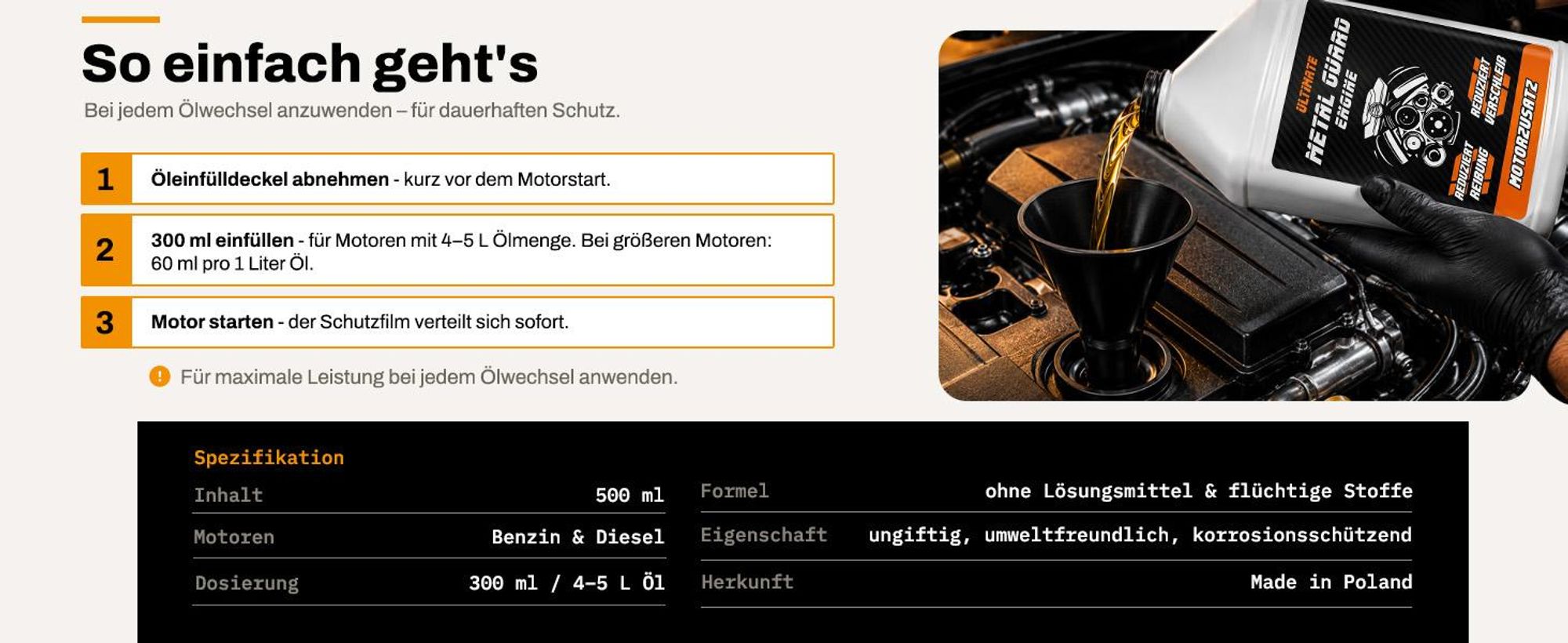 Metal Guard ENGINE Motoröl Additiv 500 ml für Benzin Diesel Turbo DPF Start-Stop, Reibungsschutz, Motorschutz, synthetische Formel