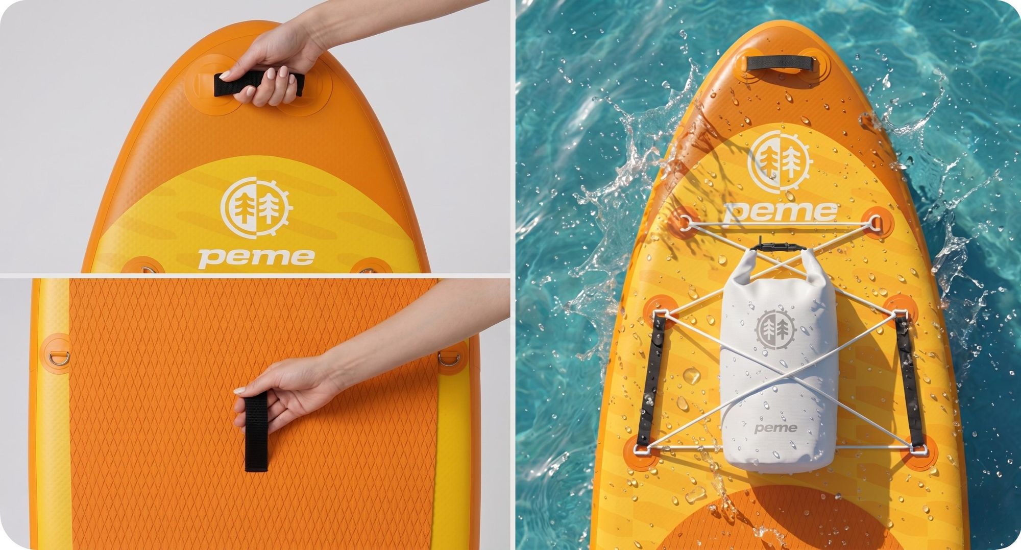 Planche de stand up paddle PEME - Bright Sun - 350 cm - Pagaie double et accessoires complets, SUP, planche de surf gonflable, jusqu'à 166 kg, - Jaune et orange