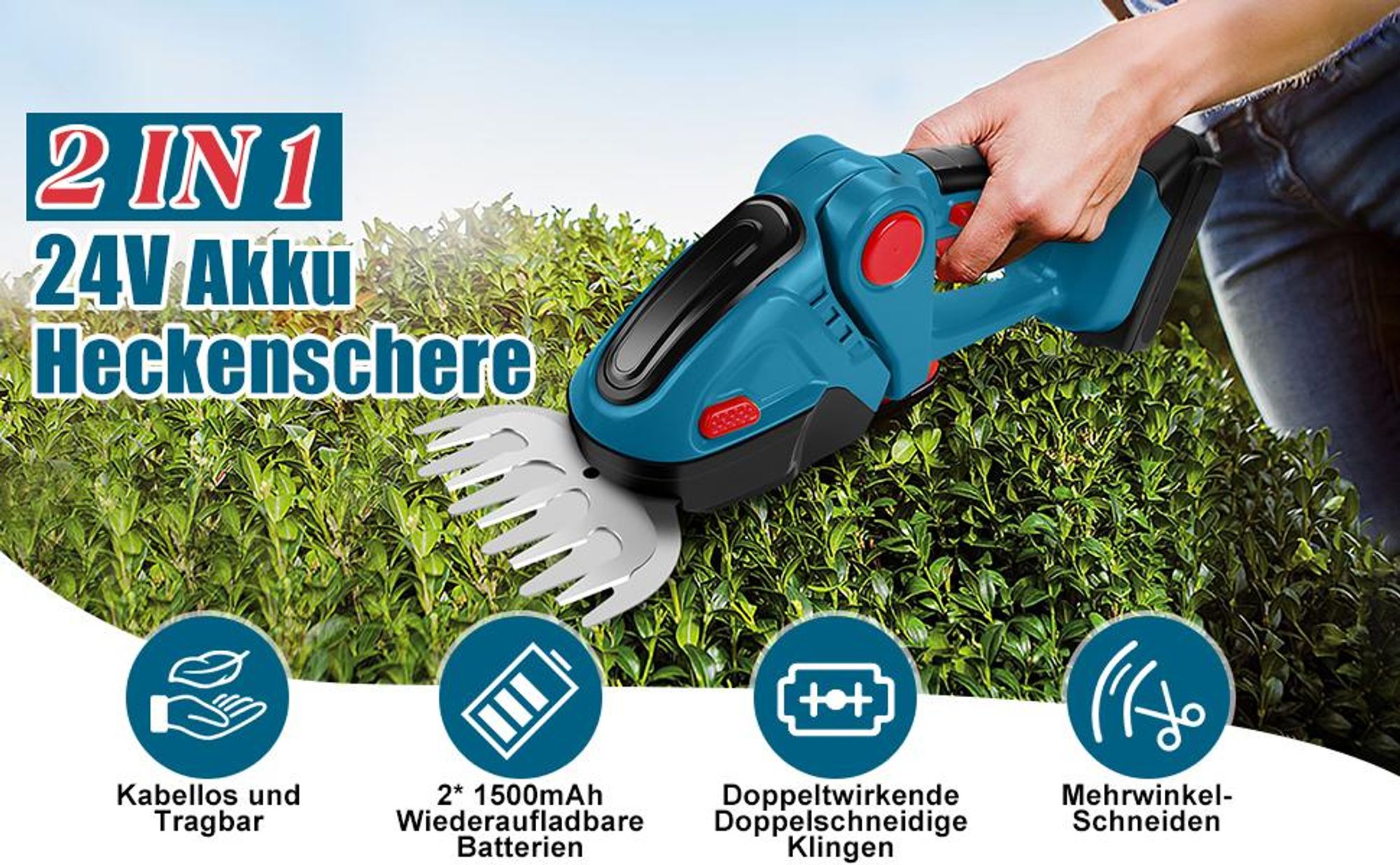 Akku Heckenschere, Kabellose Grasschere, Elektrische Rasentrimmer, Grasschneider, Elektrischer Strauchschere, mit 2 Klingen, 1 Akku und 1 Ladegerät