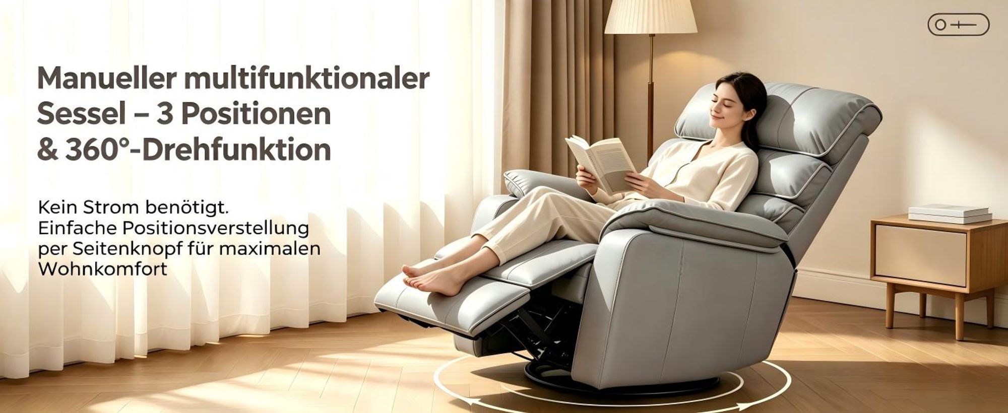 Happy Home TV-Sessel mit Relaxfunktion 360° drehbarer & schaukelnder Relaxsessel mit verstellbarer Rückenlehne Fernsehsessel aus Stoff Dunkelgrau