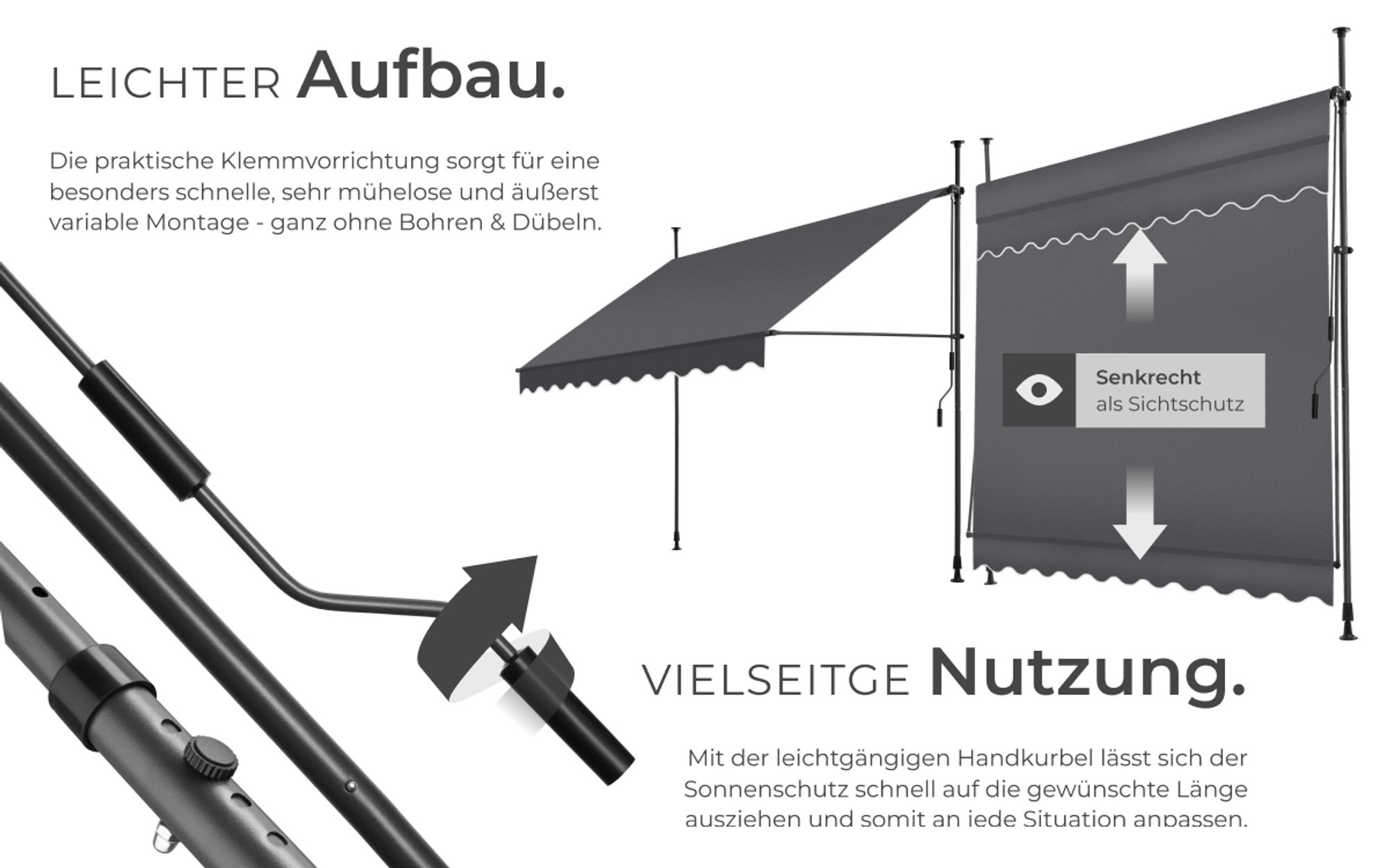 tectake® Klemmmarkise mit Handkurbel einfache Montage