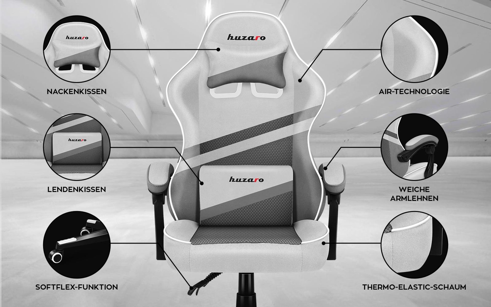 Huzaro Force 4.4 | Gaming Stuhl Bürostuhl Schreibtischstuhl Ergonomischer | Kopfstütze Lendenkissen Höhenverstellbar Wippfunktion | Stoff | Weiß