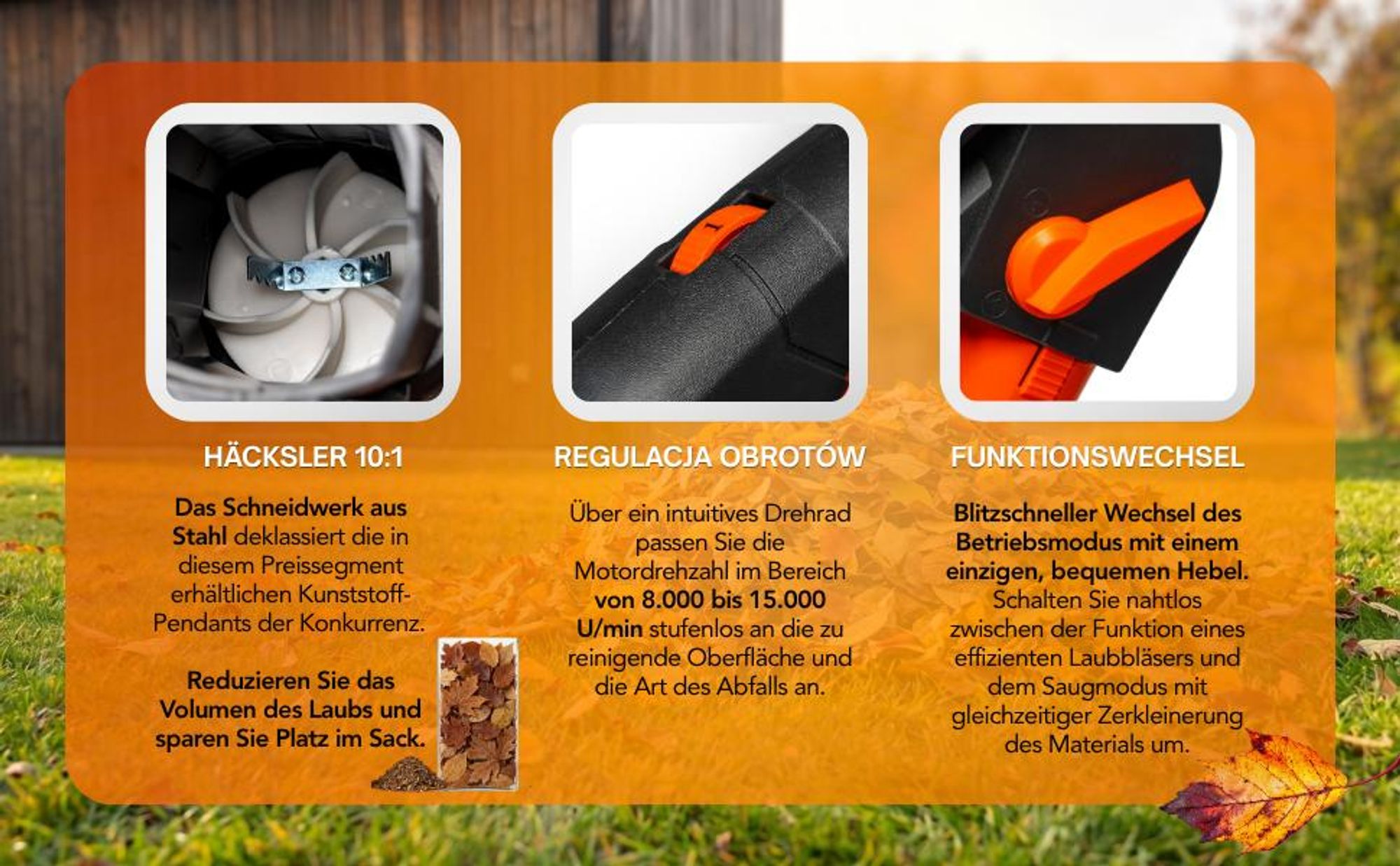 TOP CUT Elektrischer Laubsauger mit Laubbläser Funktion 3500W | Metall Häcksler 10:1, 35L Fangsack, 252 km/h Luftgeschwindigkeit | TC-LBE-3500