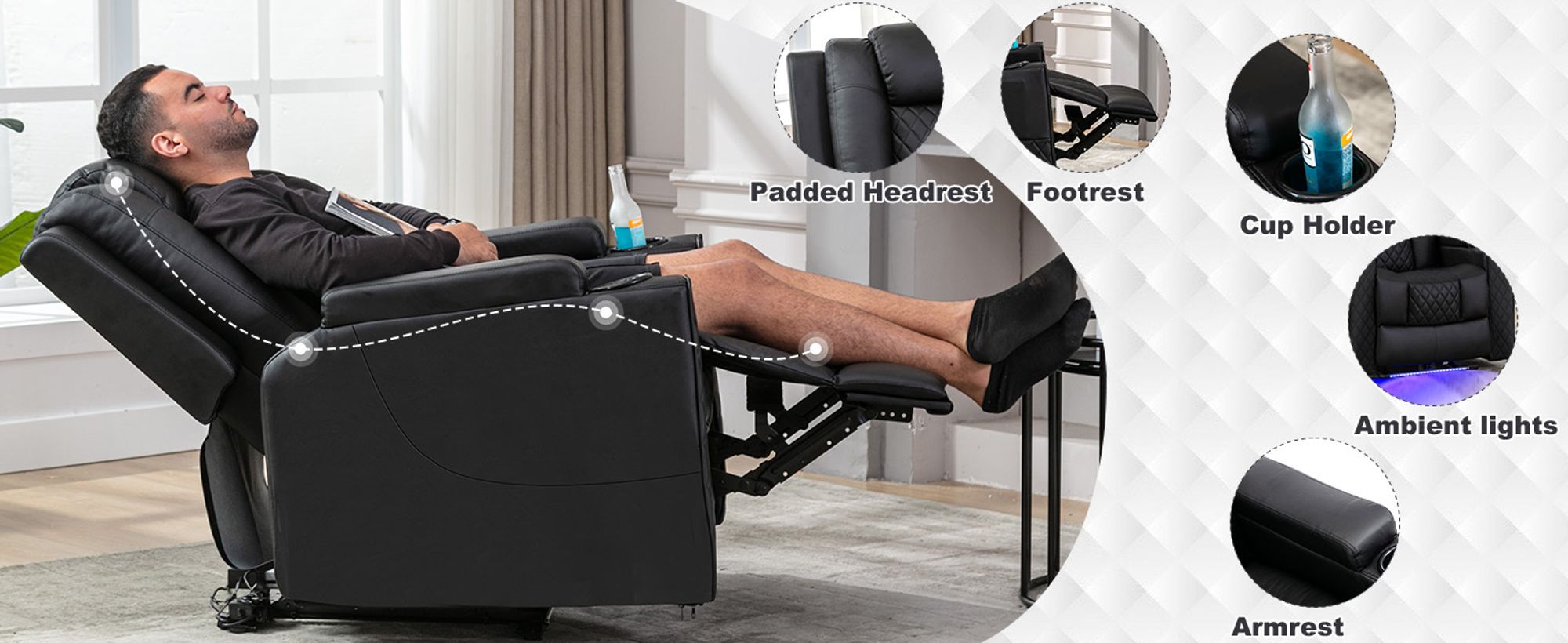 COMHOMA Elektrisch Relaxsessel TV-Sessel mit Massagefunktion mit LED-Lichtern, Fernbedienung, Aufbewahrungstasche, Getränkehal schwarz