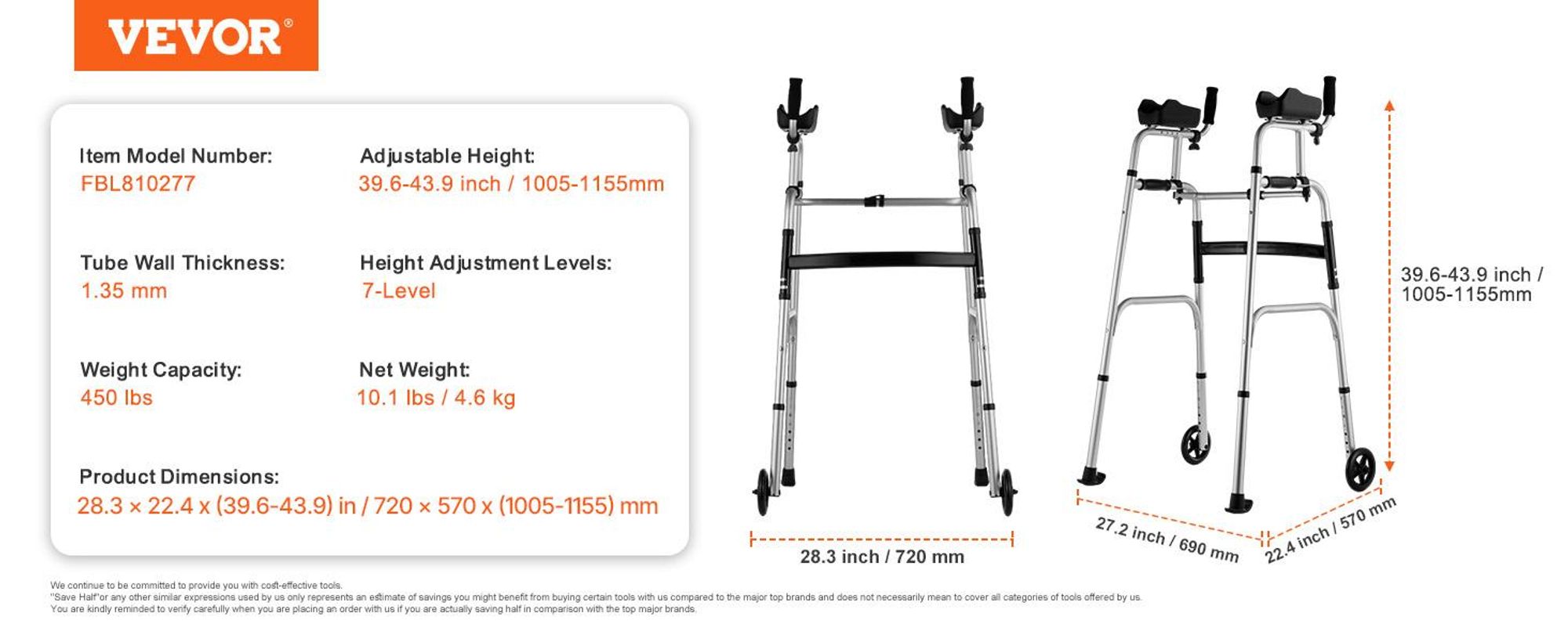 VEVOR 2 in 1 Faltgehhilfe & Abnehmbare Armlehnen, Höhenverstellbare Faltgehhilfe mit 5" Soliden Rädern, Leichtes Aluminium | Mobilitätshilfe mit Vorderrädern für ältere Menschen, Behinderte, 450 Pfund